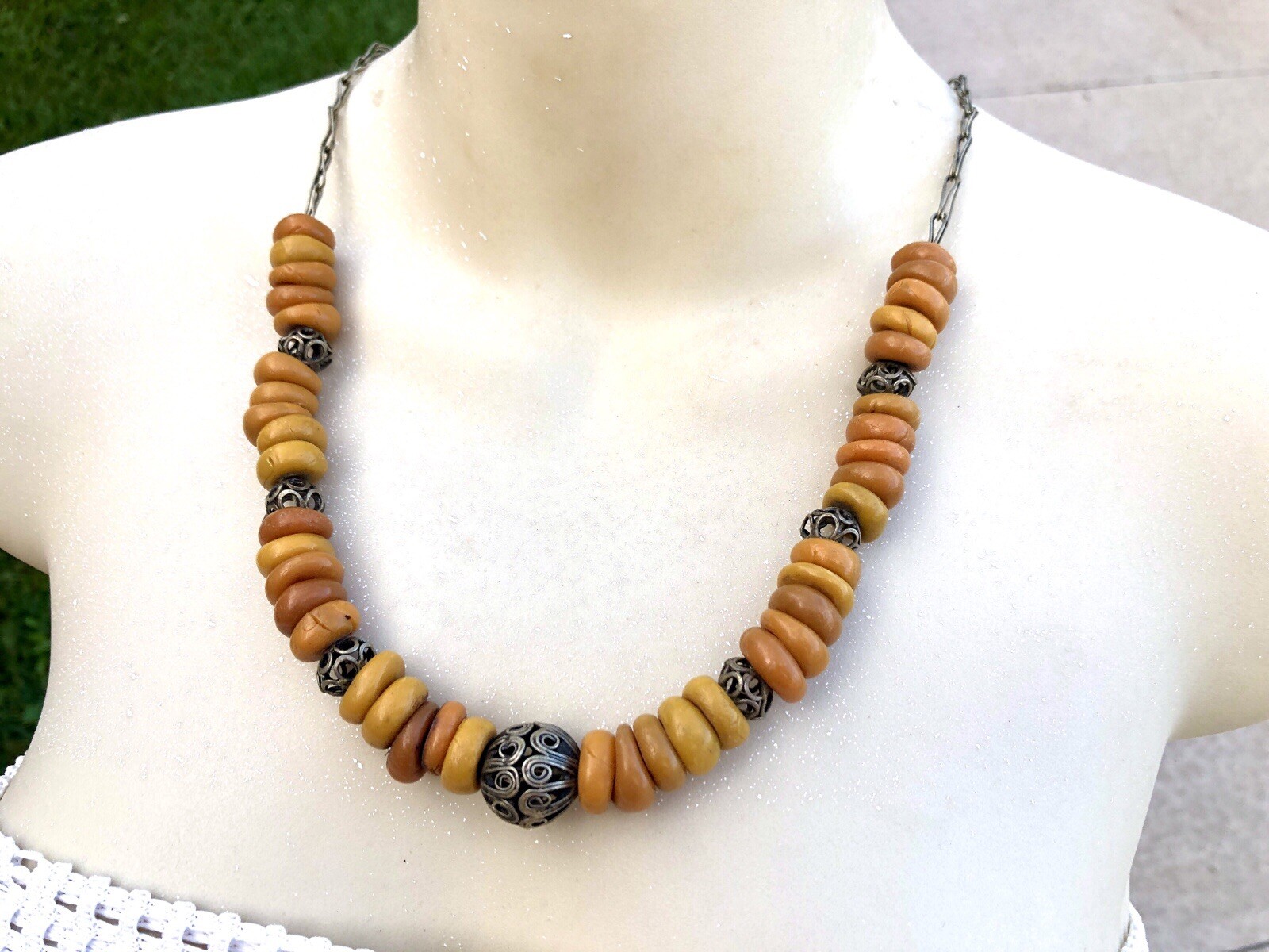 Antique Ethnic Butterscotch Egg Yolk Flat Nugget Scroll Bead Necklace Morocco