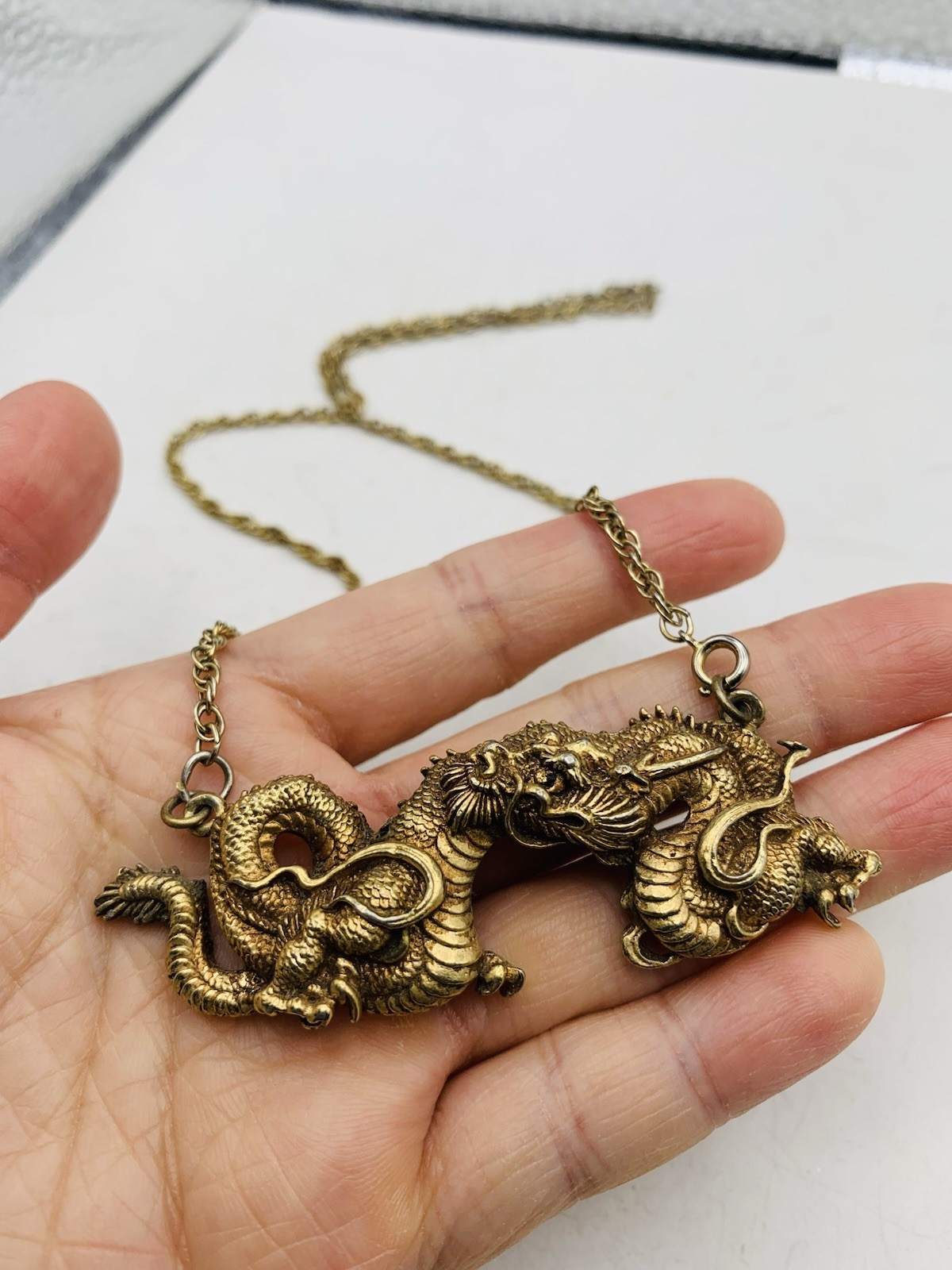 Vintage Alva Museum Replica Gold Tone Menuki Asian Japanese Dragon 18” Necklace