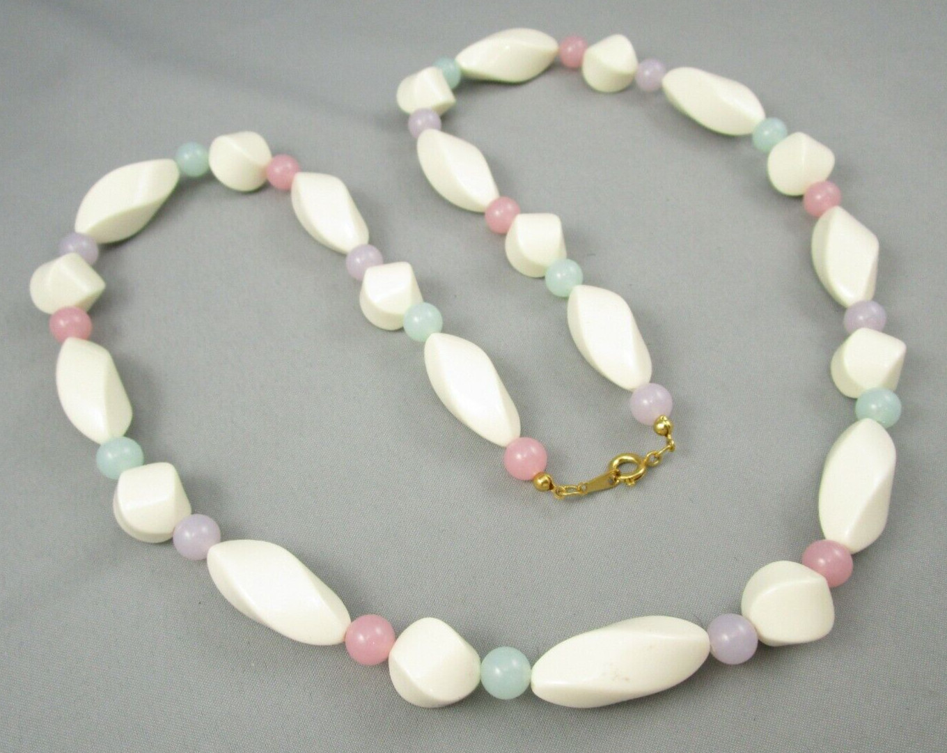 Vintage Well Made Cream pink, Green Purple Beaded Necklace #5208