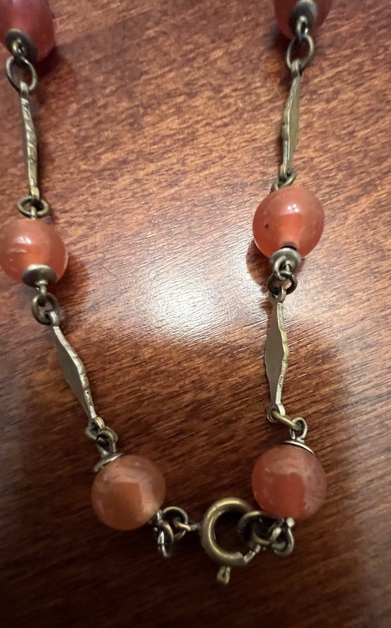 Vintage CZECH Faux Carnelian Glass Enamel Floral Station Pendant Necklace Signed