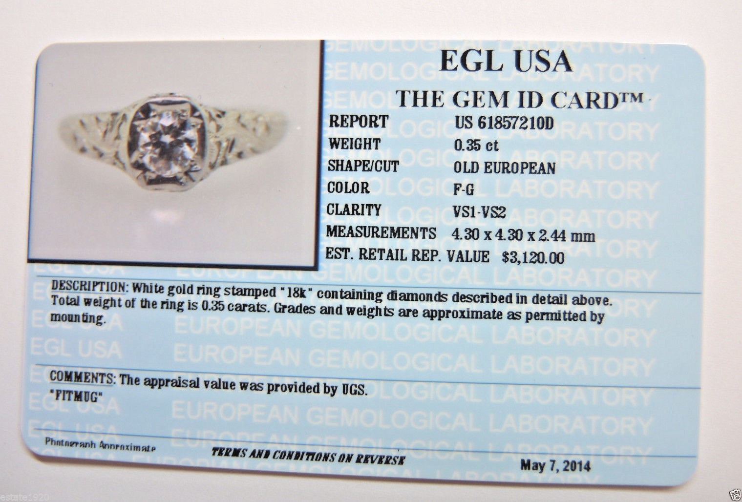 Antique Art Deco Diamond Engagement 17K White Gold Ring Size EGL USA