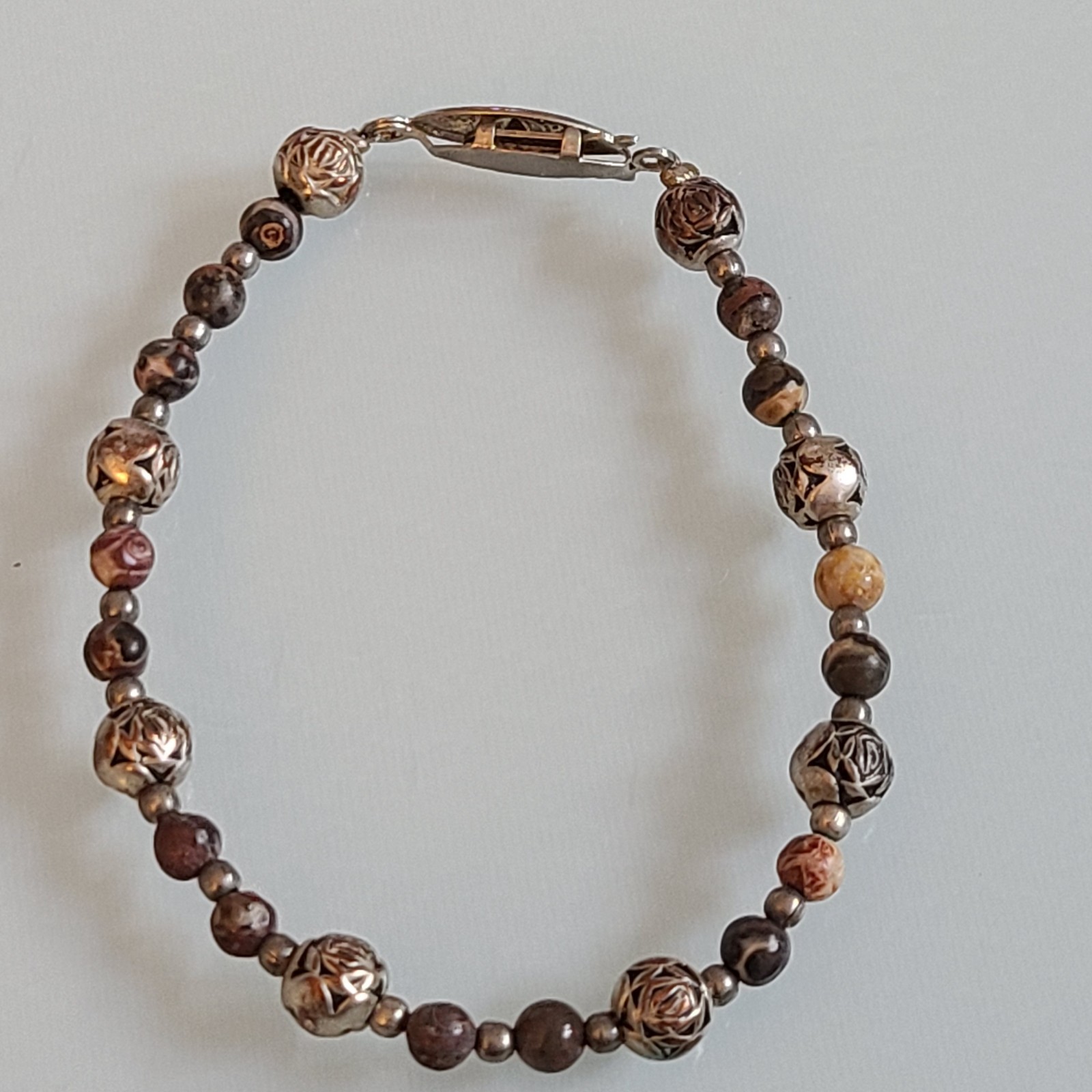 Vintage Silver Tone Rose & Agate Beaded Bracelet SMALL 6 INCH