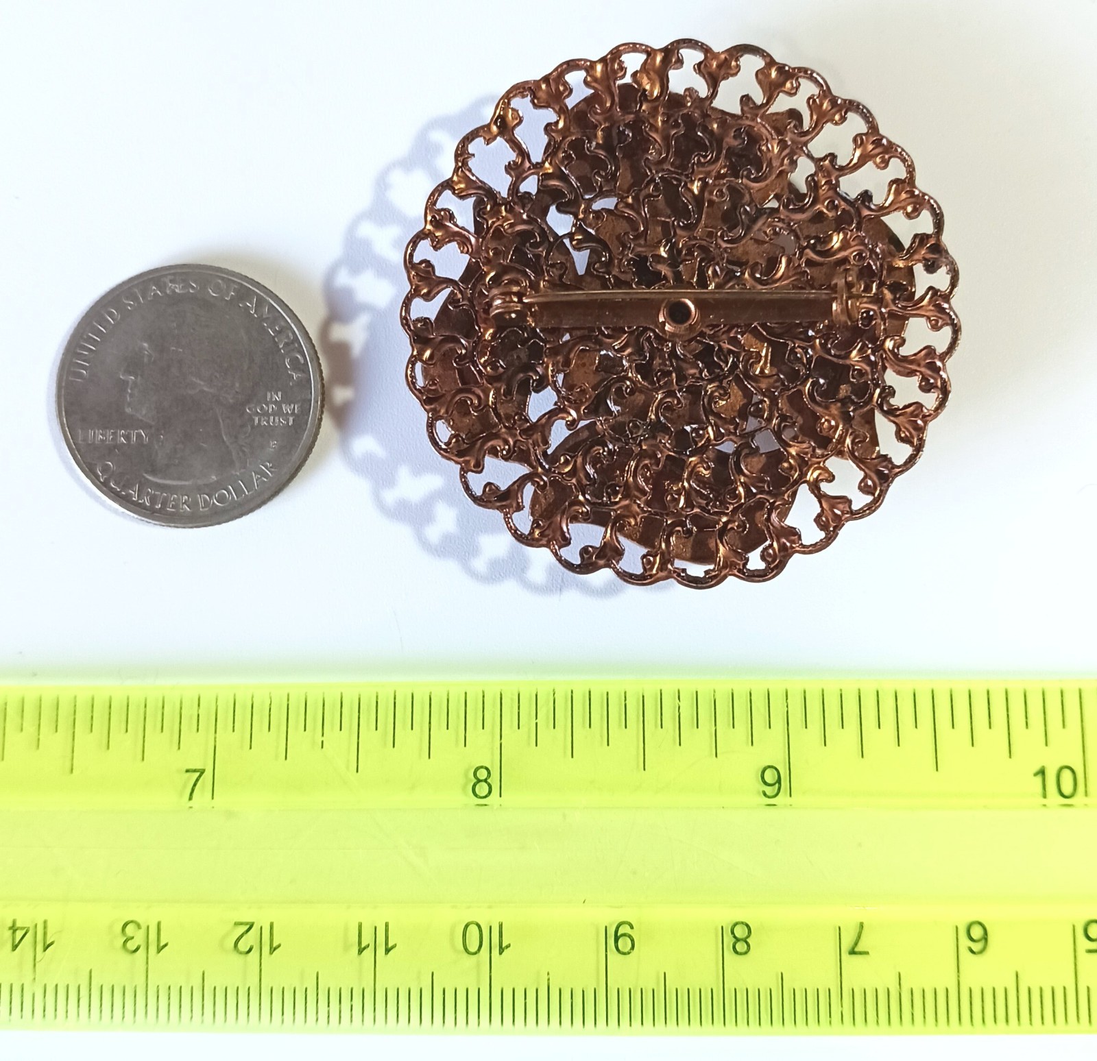 Vintage Filigree Copper? Brooch w Smooth Raised Speckled Goldstone-style Cabs