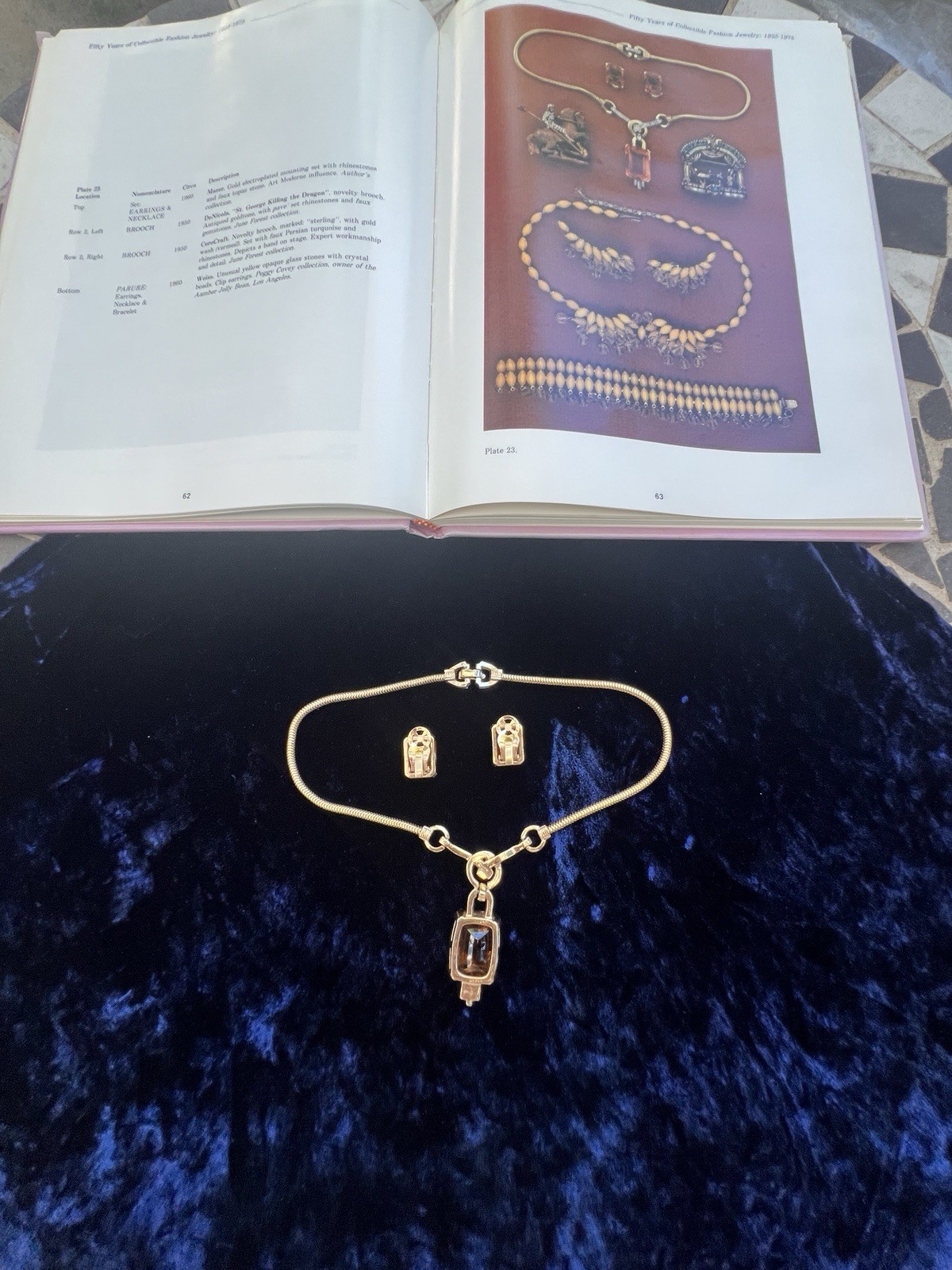 Mazer Deco gold plated faux topaz rhinestones necklace/Earrings 1960’s ca, USA.