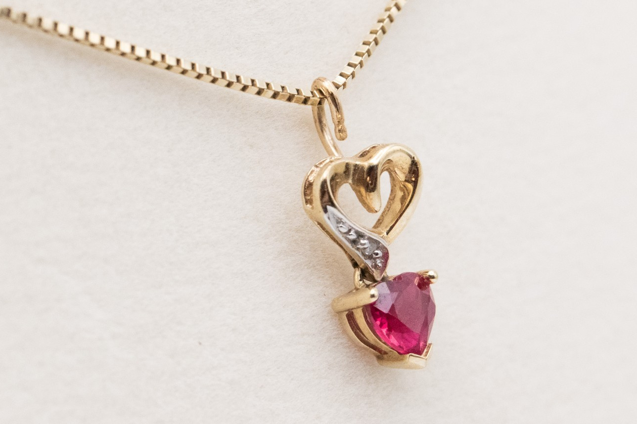 10K Yellow Gold Heart Ruby Stone Pendant Only with Diamond Accent