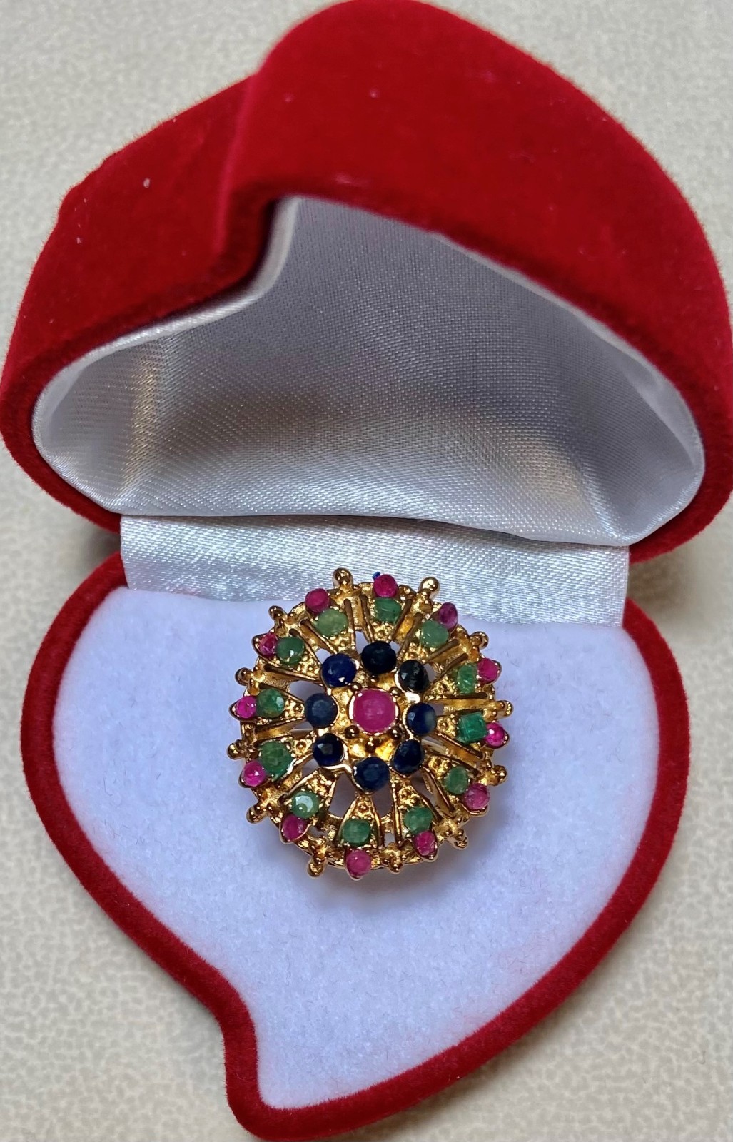 AUTHENTIC SWOBODA RING~ADJUSTABLE ~ GENUINE RUBY, EMERALD, SAPPHIRE ~ LOVELY!