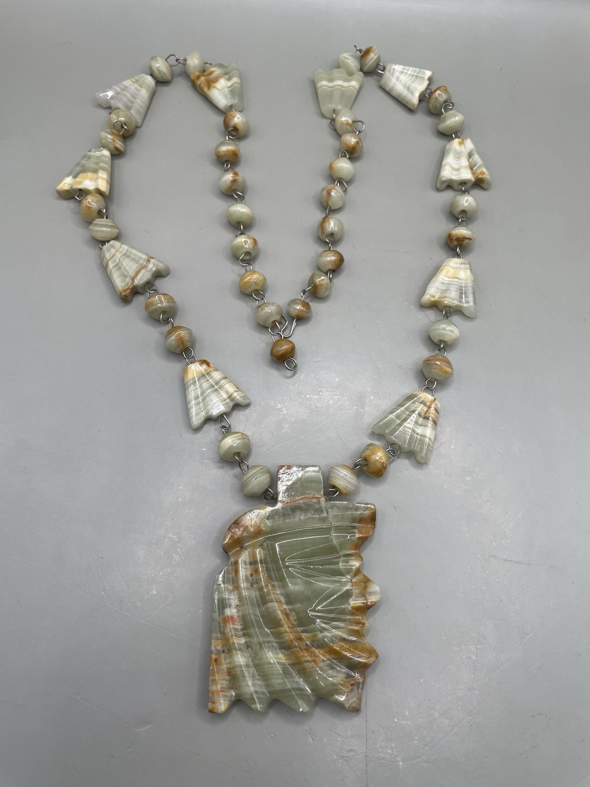 Vintage READ! Mexican Multicolor Onyx? Aztec Carved Pendant Beaded 29” Necklace