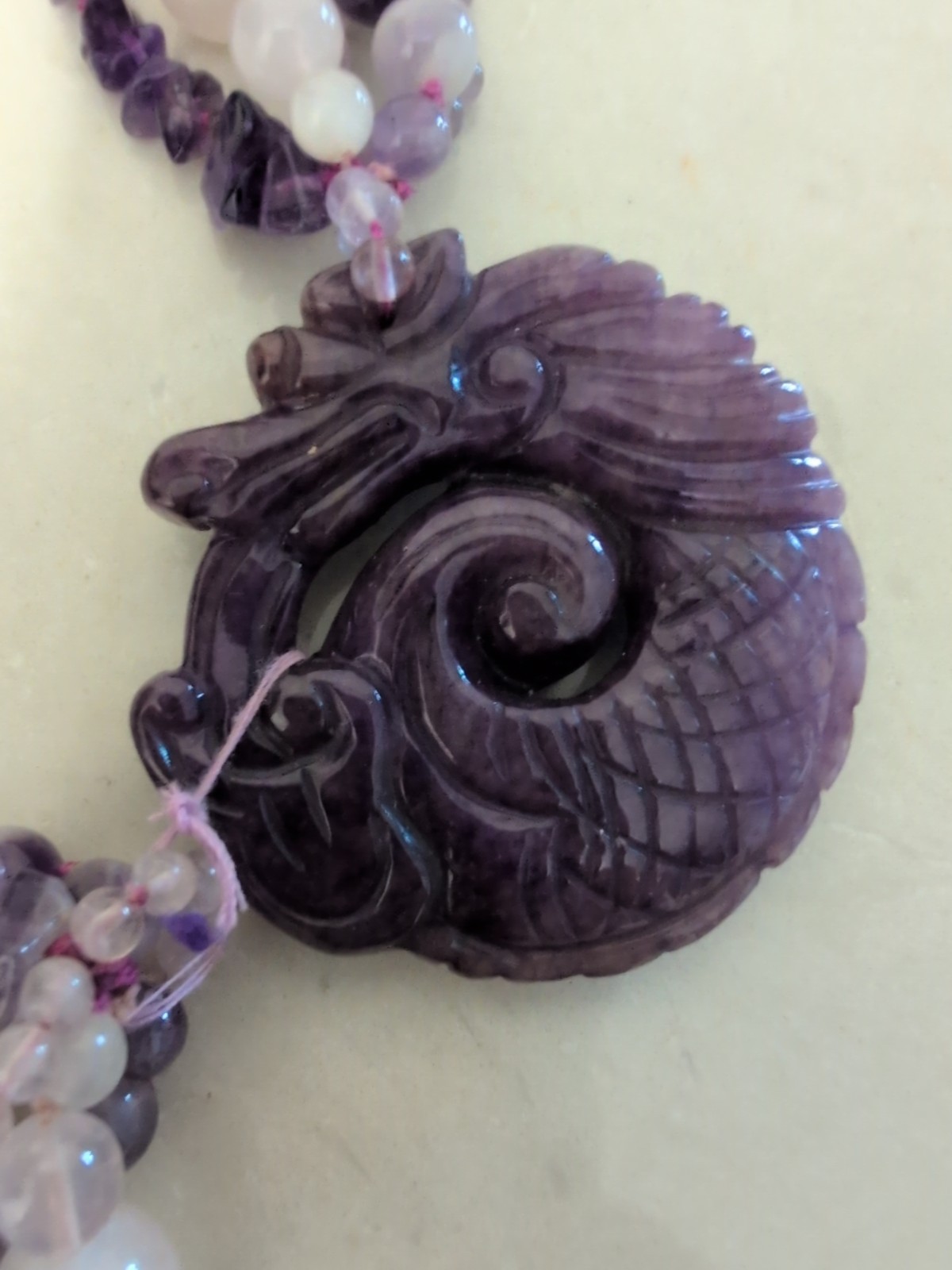 STUNNING VINTAGE MULTI STRAND CARVED AMETHYST DRAGON ROSE QUARTZ NECKLACE-L@@K