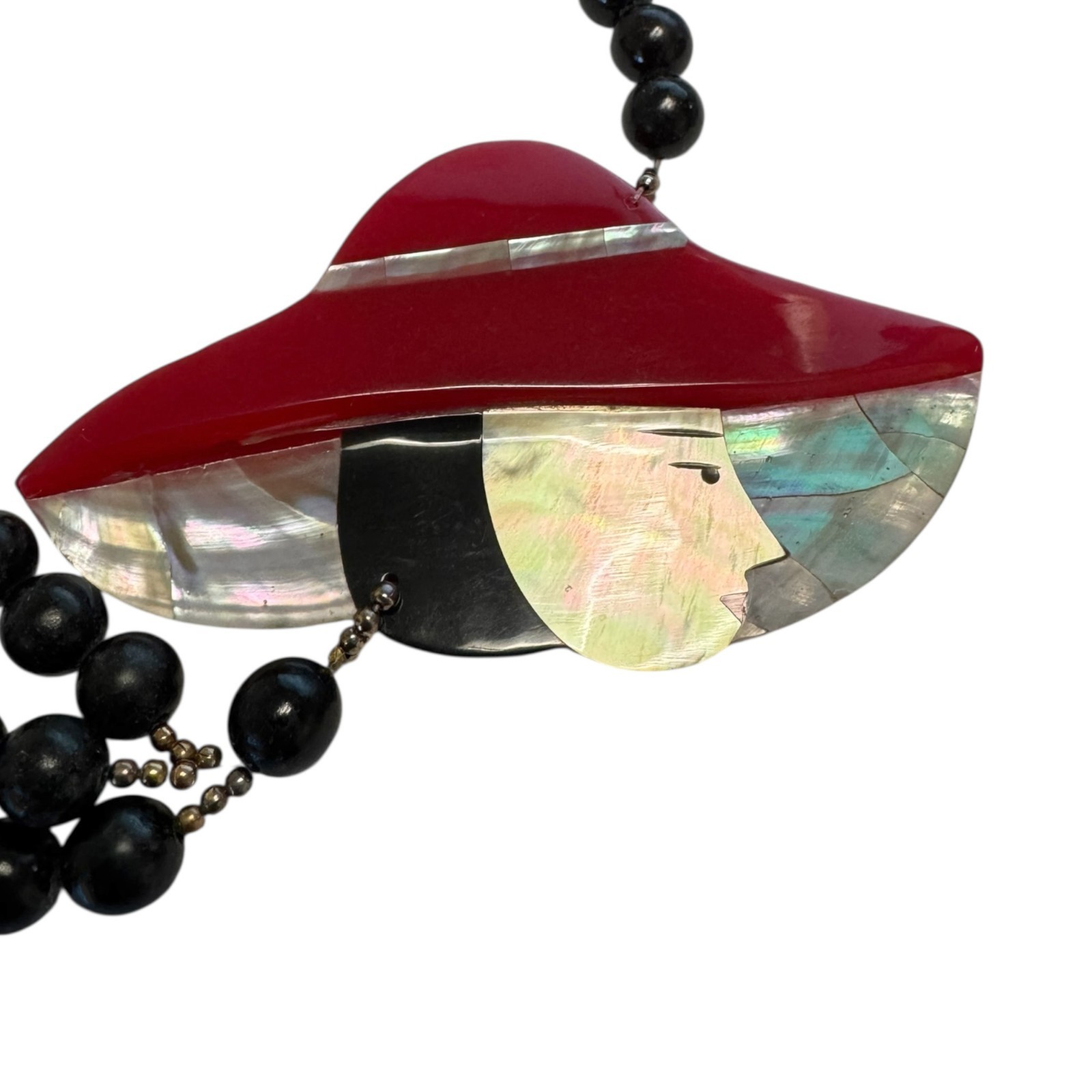 Vintage Lee Sands LS Inlaid MOP Lady in Red Hat Necklace Black Beads 13″ Figural