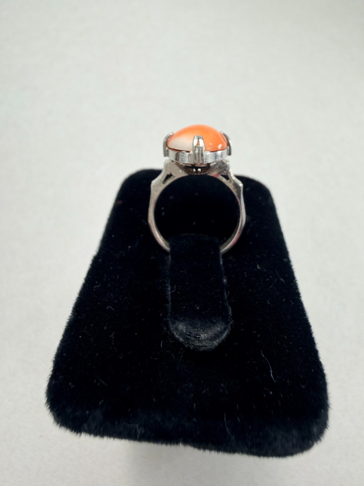 Art Deco Coral Cabochon Sterling Silver Ring Vintage Statement Size 4.25