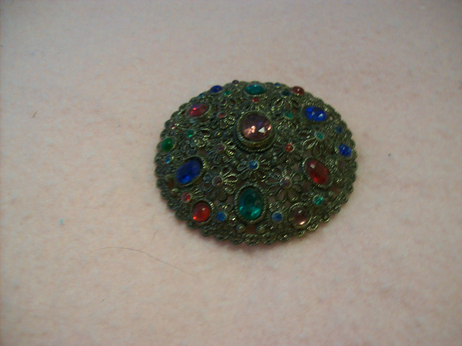 Brooch Antique New England Glass Works Filigree Large Multi-Color Rhinestones