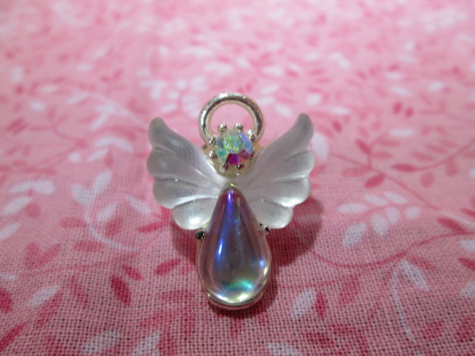 Rare! Vintage LIT USA Silver Tone Faux AB Lucite & Rhinestone Angel Lapel Pin /S