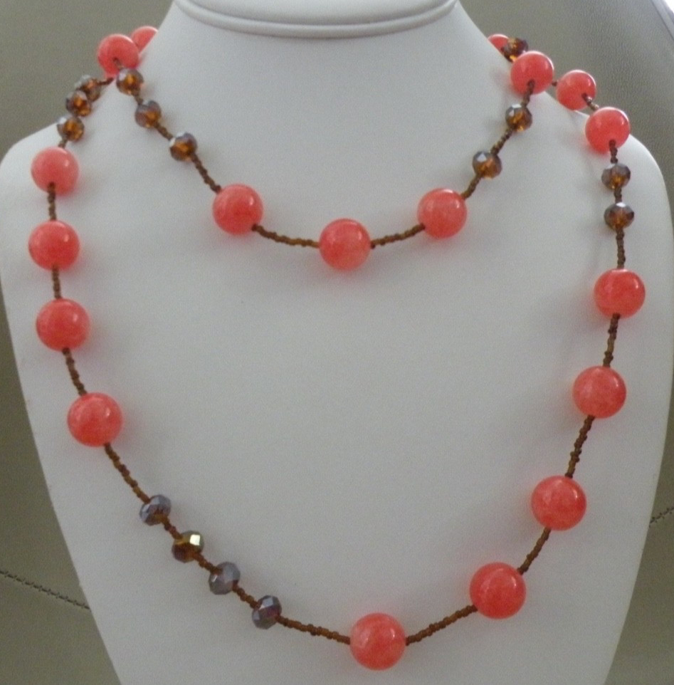 Vintage Peachy Orange Calcite Polished Gemstones Faceted AB Crystal Necklace 40″