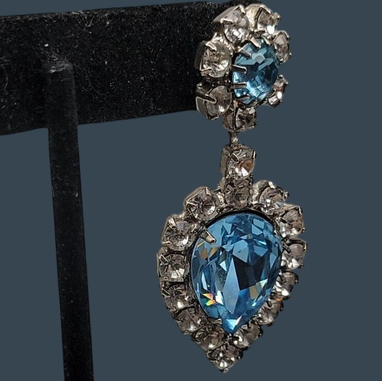 Vintage Art Deco Baby Blue Clear Rhinestone Teardrop Dangle Post Earrings