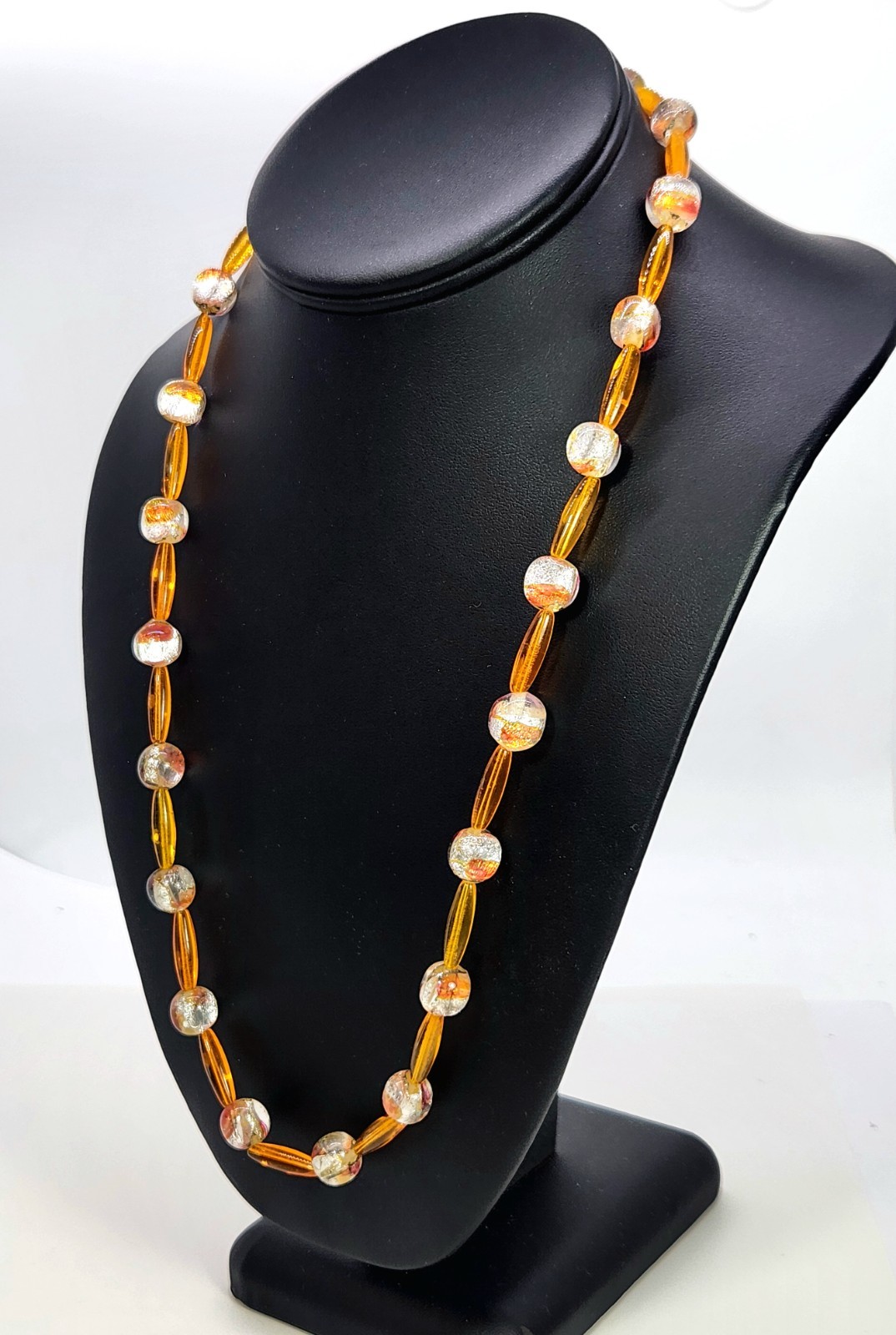 Art Glass Foil Bead Necklace Orange Silver Vtg Czech 23 Inch Oblong & Round