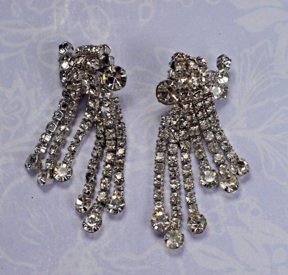 Rare La Roco Quality Designer Chandelier Dangle Rhinestone Clip Earrings 2.9″