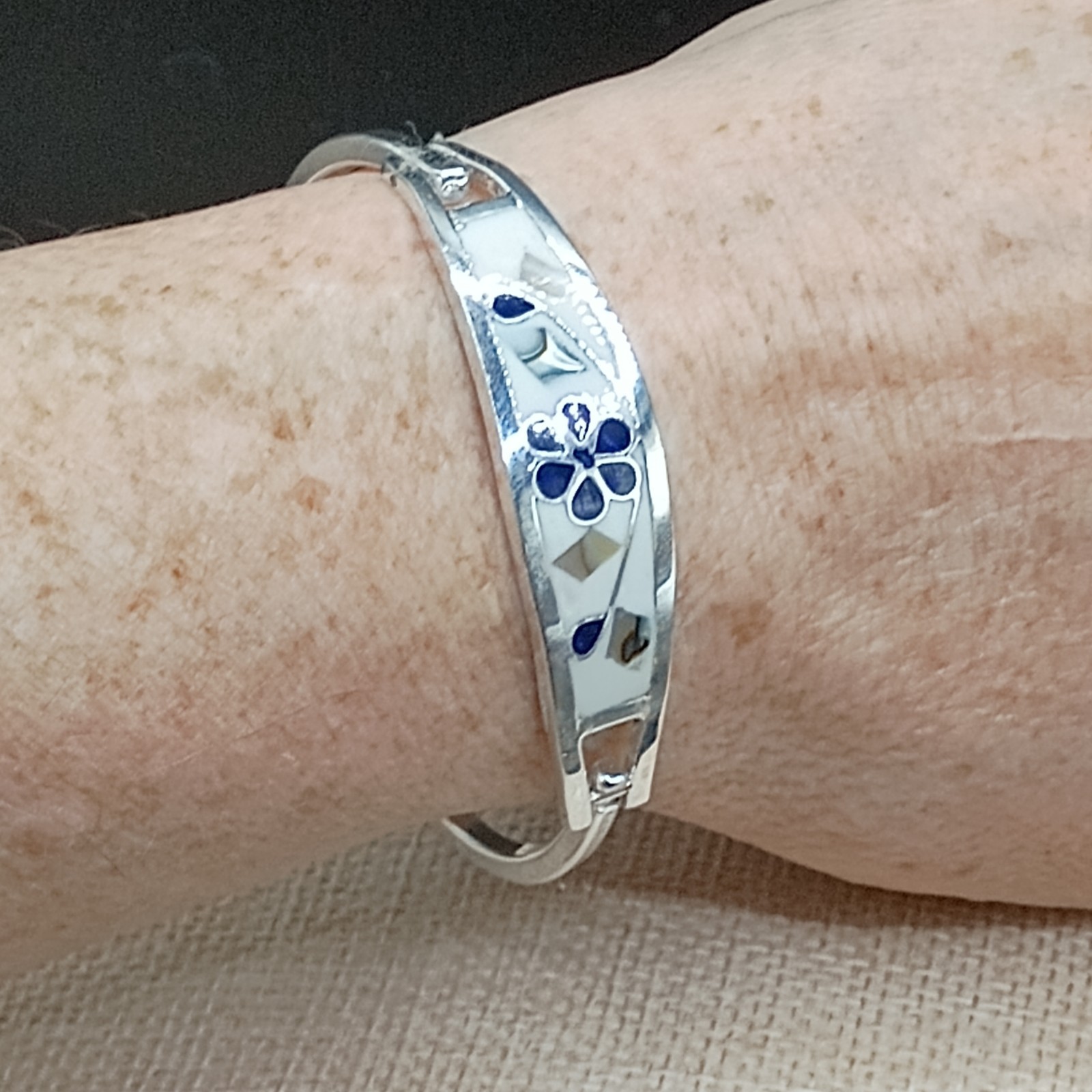 Alpaca Mexico Silver Cuff Bracelet Blue Lapis Abalone Inlay Flower 6.5″ Unworn