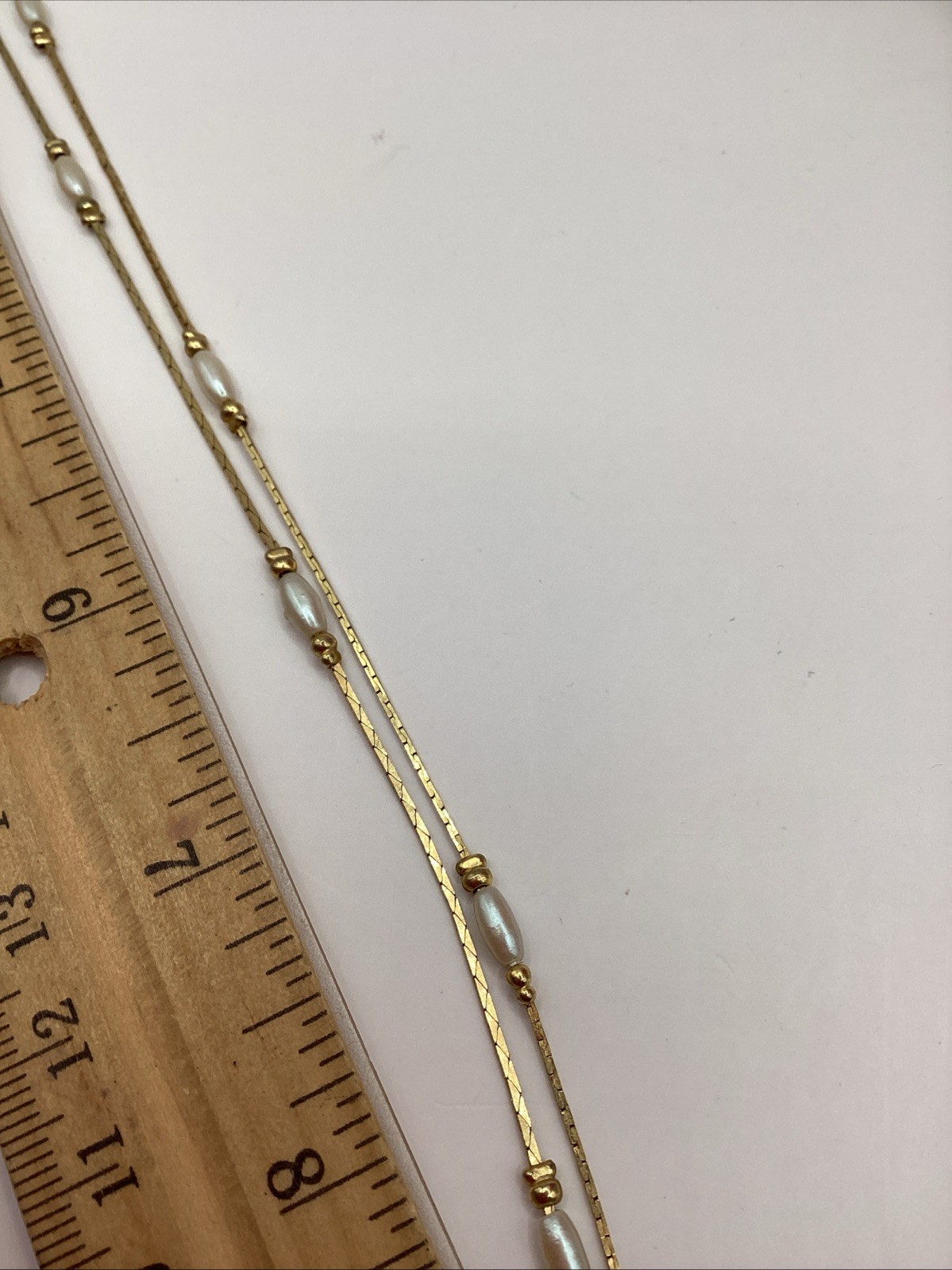 Vintage Gold Tone Bar And Link Station Necklace With White Faux Pearls 30in Long