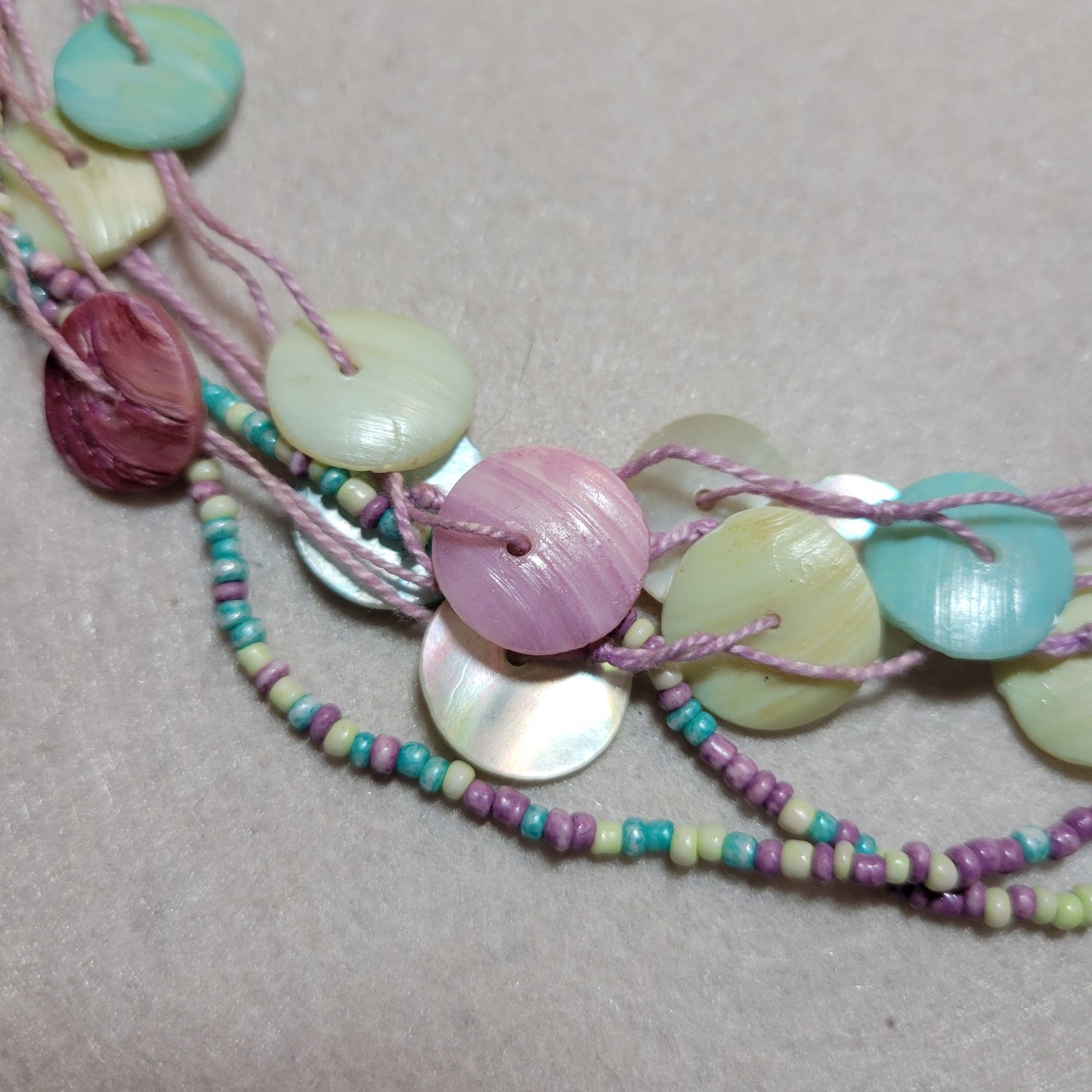 Vintage Pastel Shell & Beads Layered Necklace Pink Blue Green Ocean Boho Mermaid
