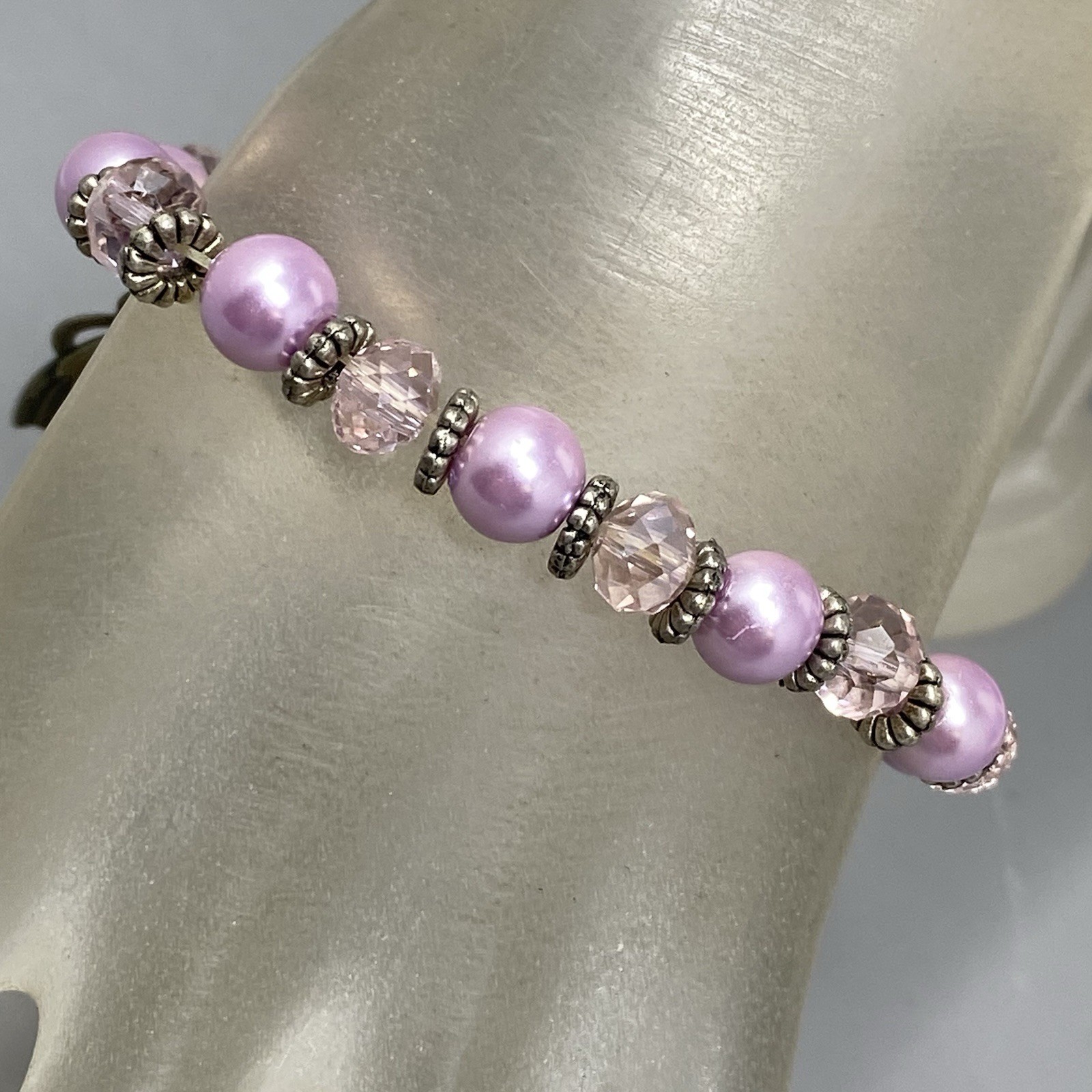 Purple Glass Bead Bracelet Sterling Silver Cat Dangle Charm Faceted Stretch 6.75