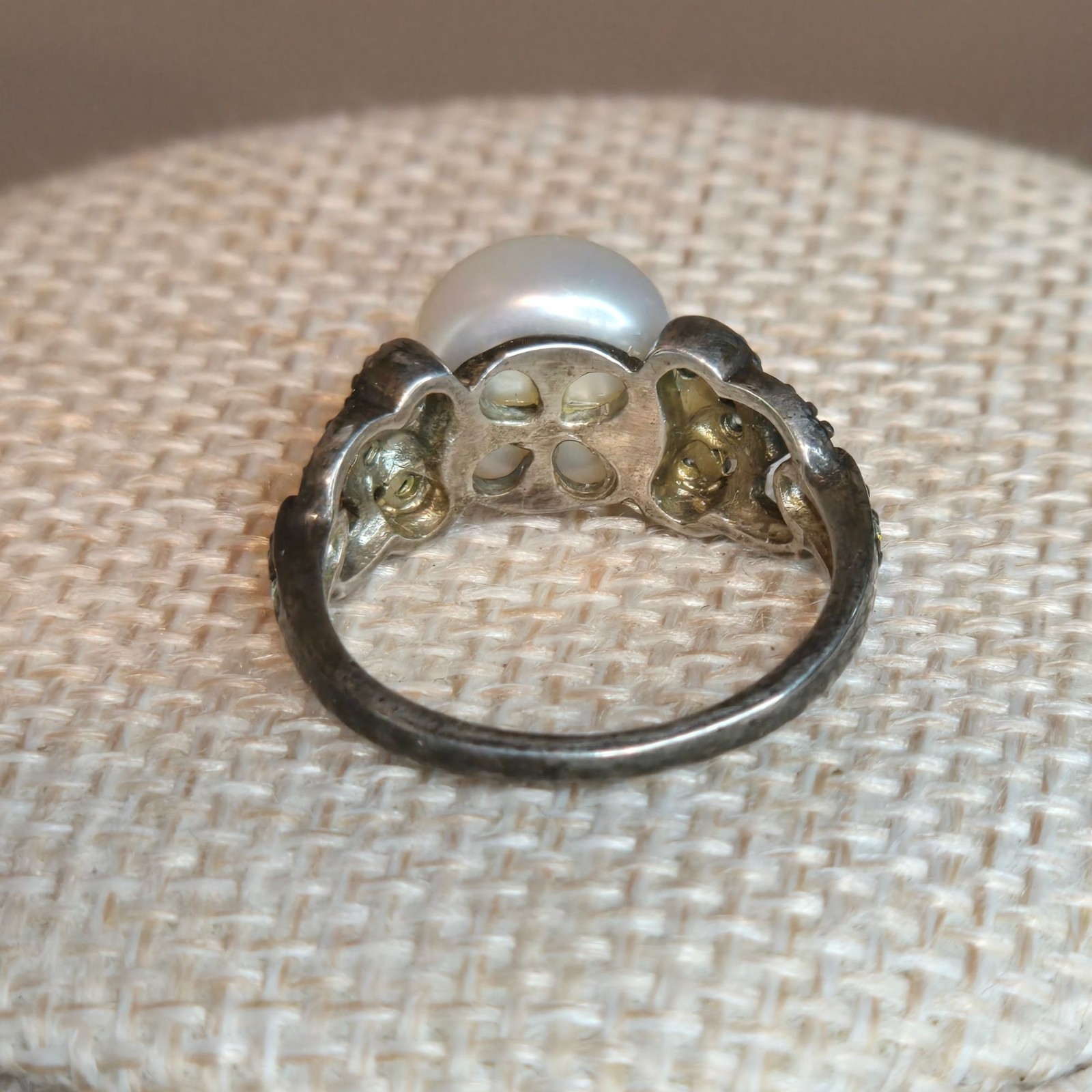 Vintage Sterling Silver Pearl Marcasite Ring Filigree Cocktail Statement size 6