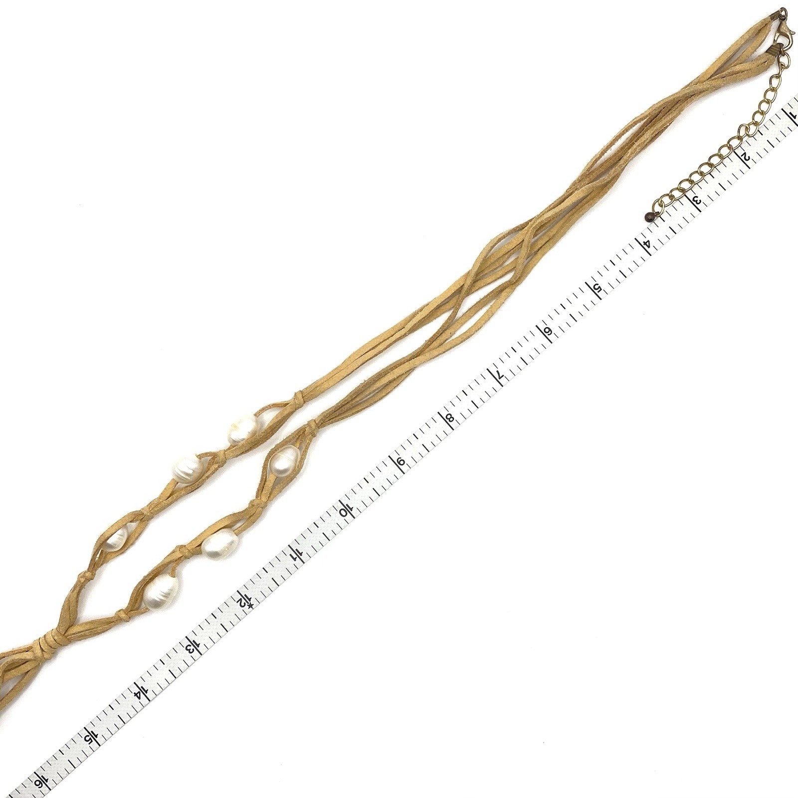 Vintage 10 Baroque Pearl Lariat Necklace Tan Suede Leather Cord Boho Choker