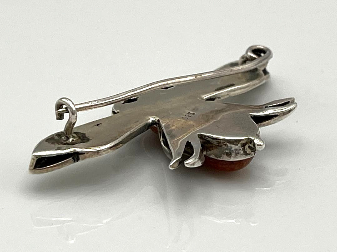 Vintage 925 Sterling Silver Orange Sunstone Fly Bug Insect Brooch Pin Figural 3D