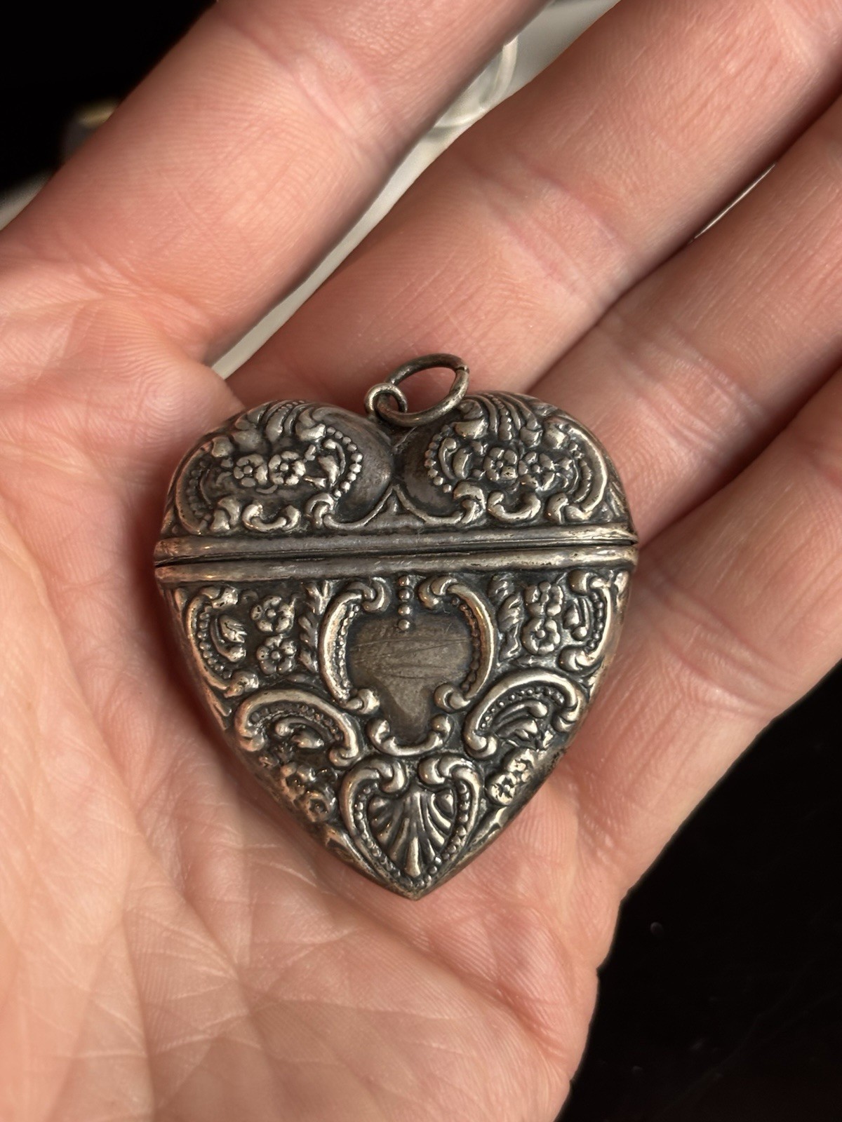 Sterling Silver Heart Repousse Victorian style Large box vintage Pendant 1900s