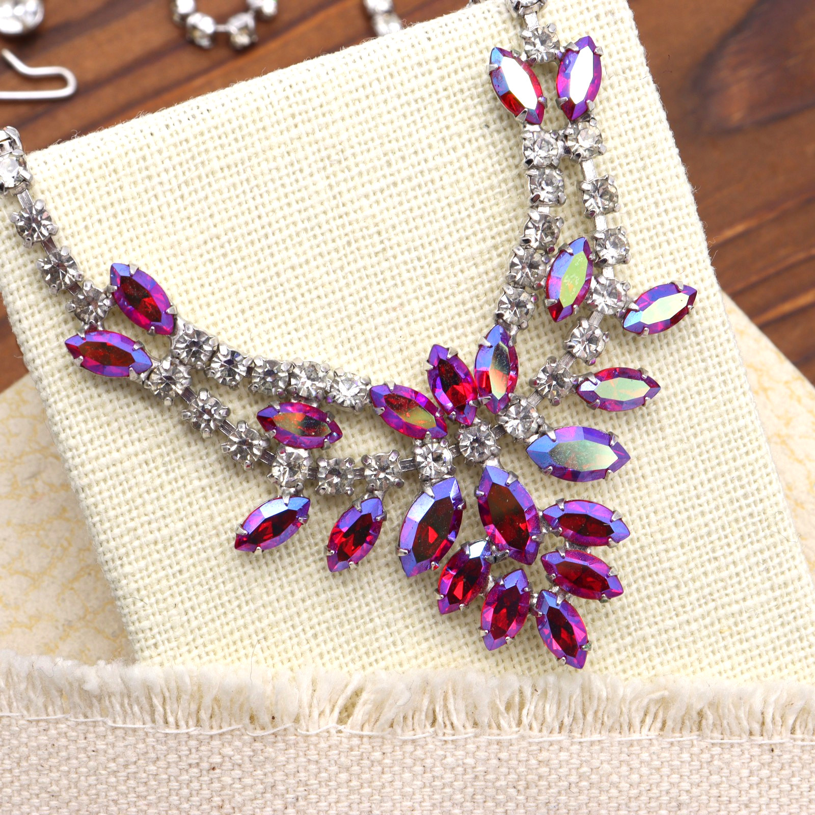 Vtg B. David Rhinestone Necklace Pink AB Red Clear Choker Signed Marquise