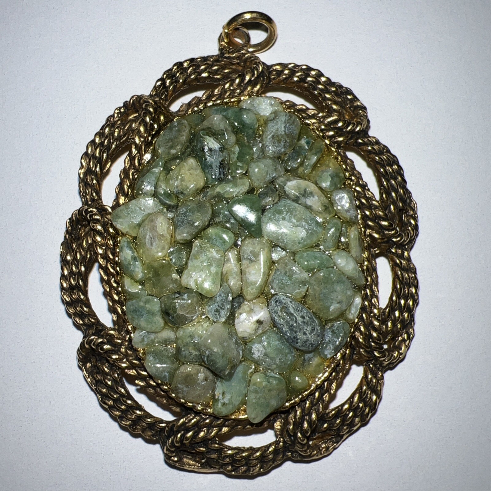 Vintage Pendant – Large Statement Green & Gold Tone Oval – No Chain Included