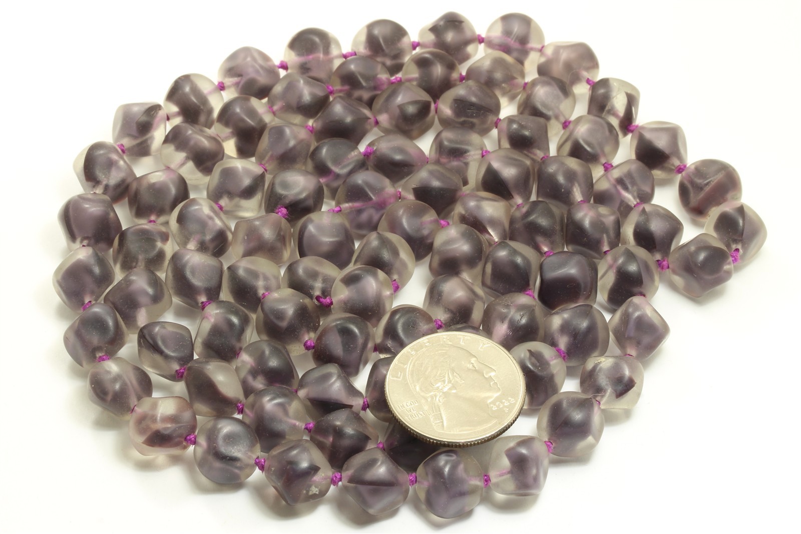 Vintage Mid Century LONG Hand Knotted Purple Frosted Glass Bead Necklace 42″