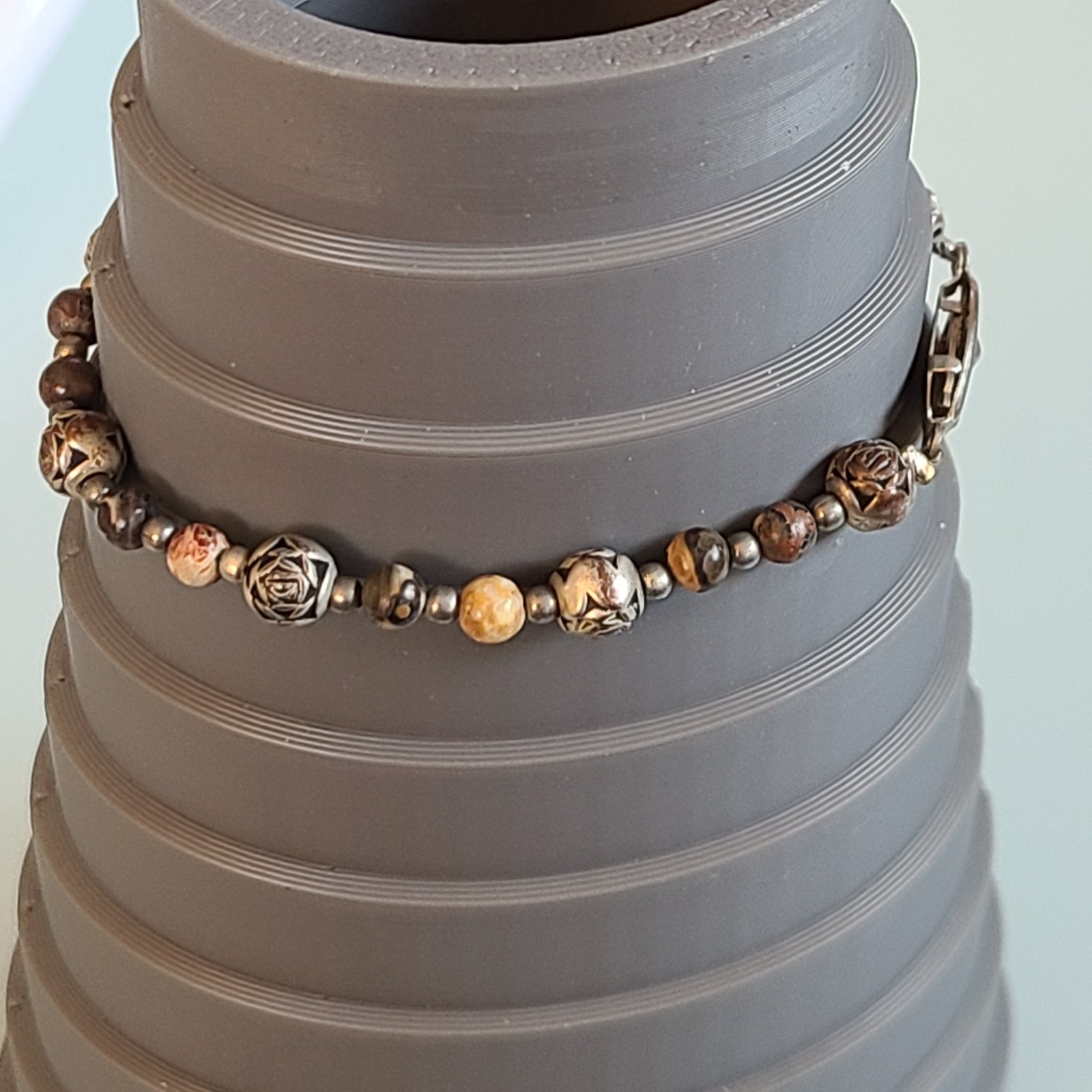 Vintage Silver Tone Rose & Agate Beaded Bracelet SMALL 6 INCH