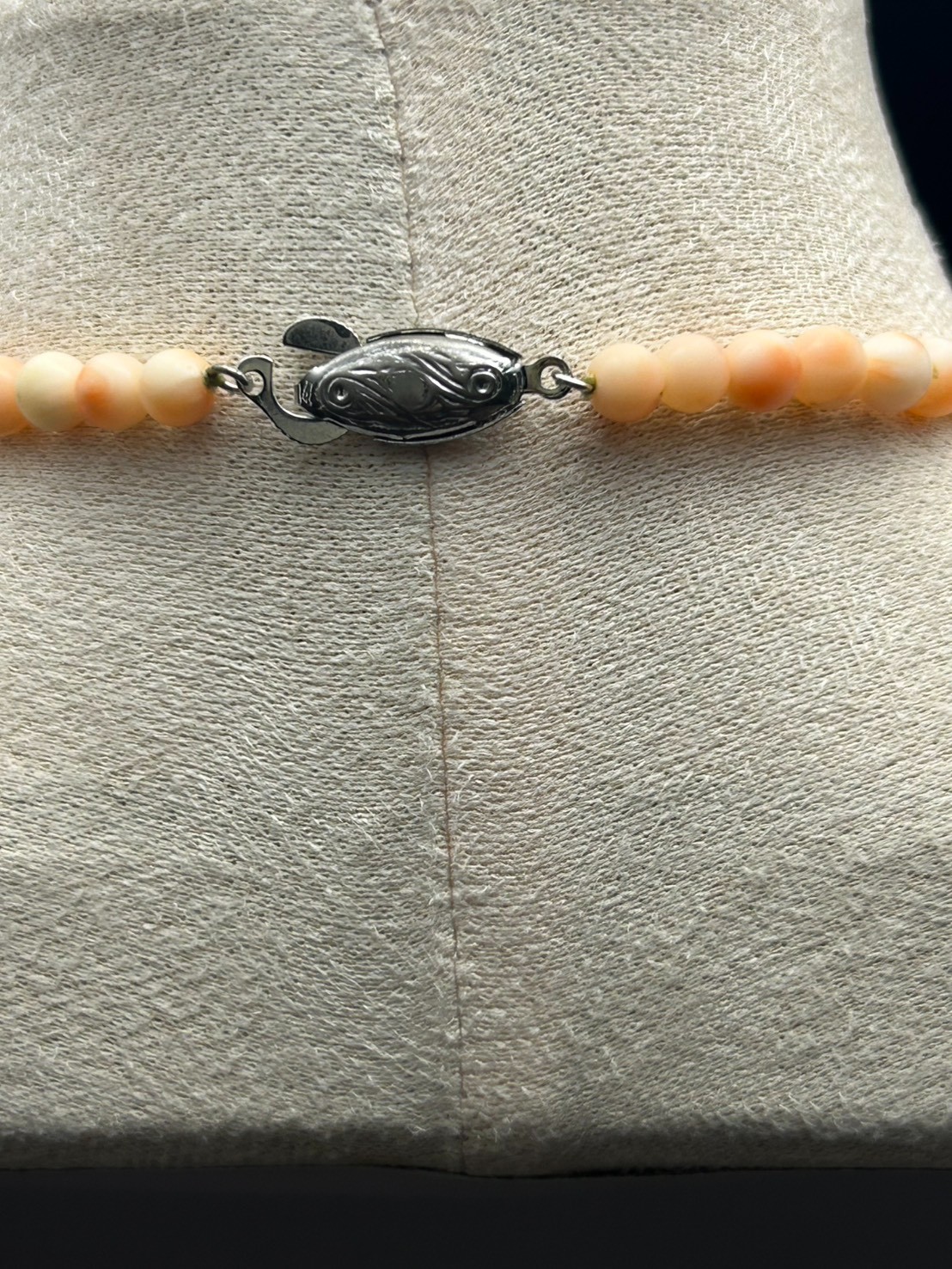 Japanese Pink Coral Bead Necklace Angel Skin Coral Graduated 10.6mm Silver Clasp