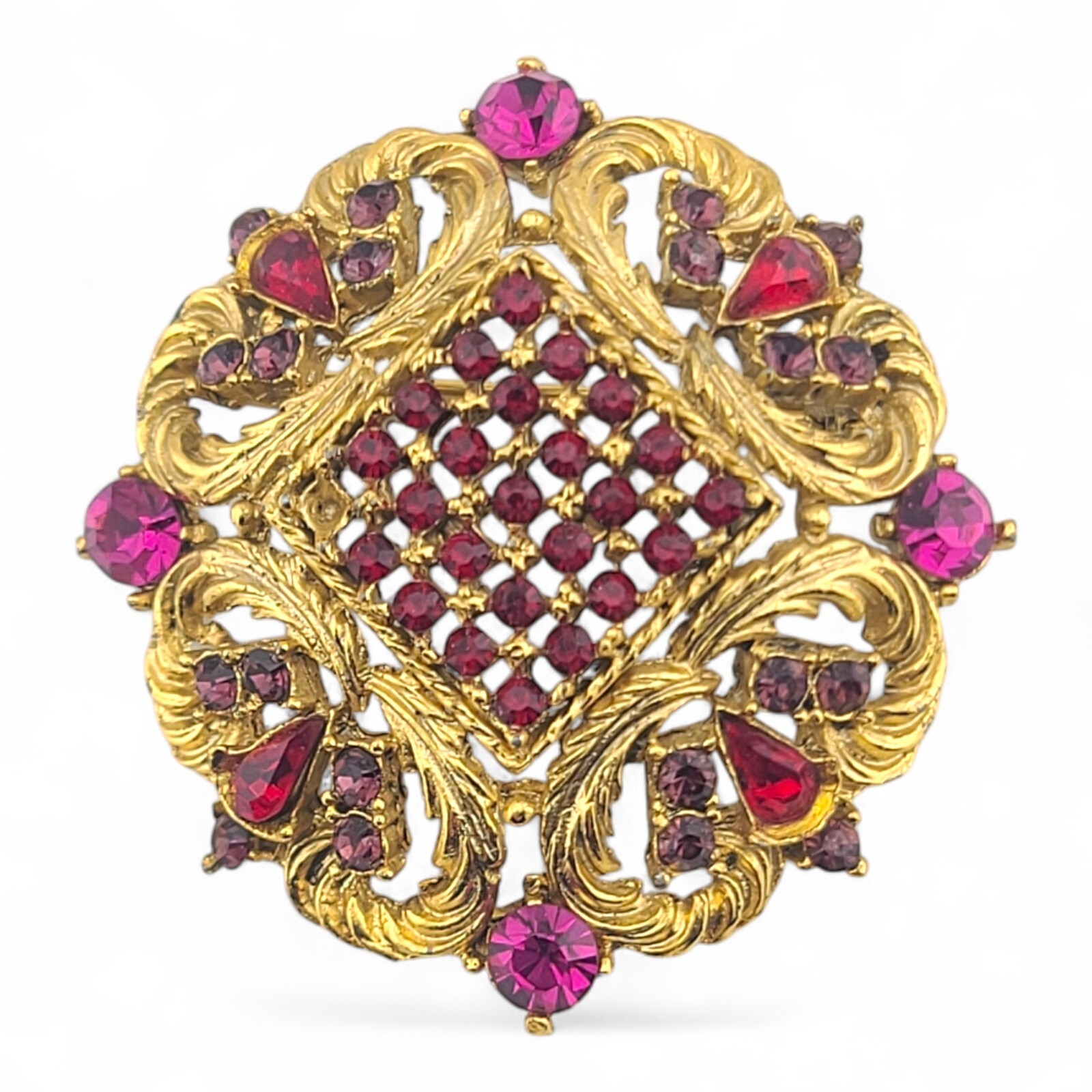 Vintage Sphinx Fuchsia Shades Of Pink Red Brooch Gold Tone Rhinestone Pin