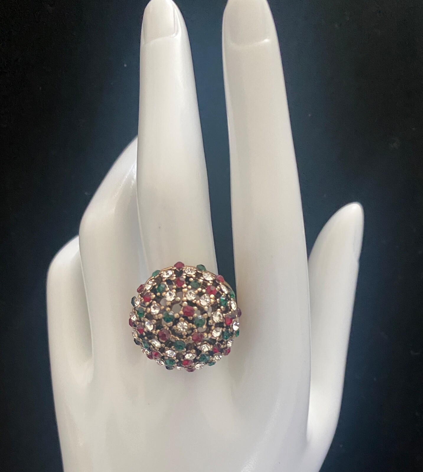 Ring Gold Tone Red Green Rhinestone Large statement Cocktail MCM Sz 9