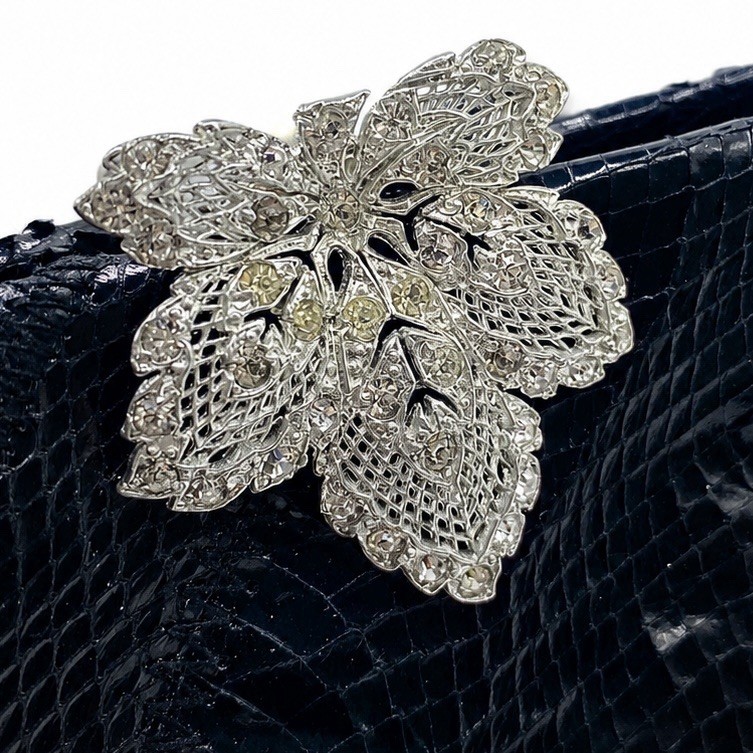 Vintage Rhinestone Dress Clip Leaf Fur Clip Silver Tone Filigree Bridal Brooch