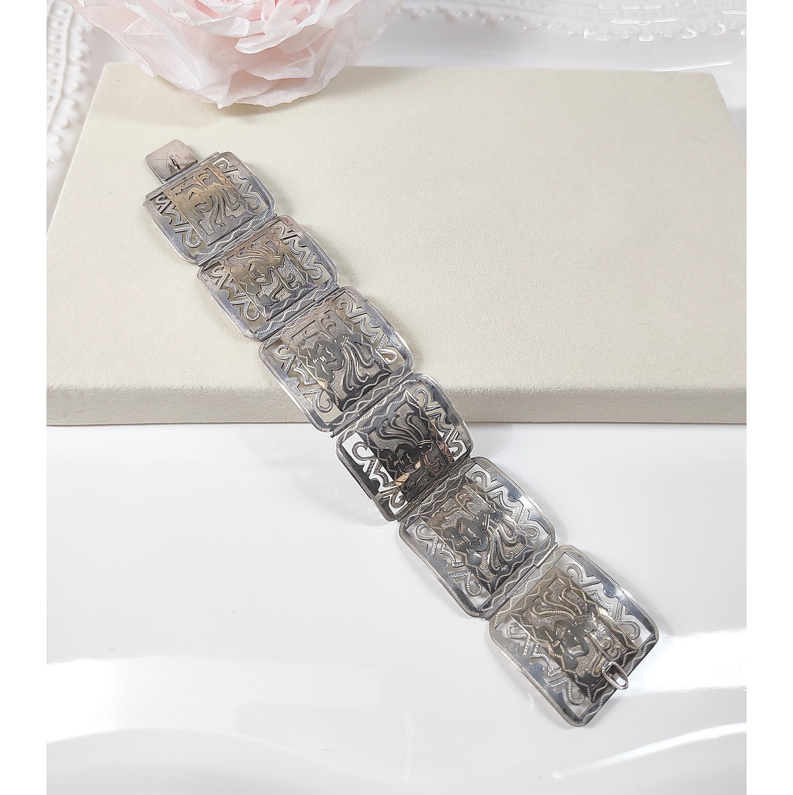 Vintage 60s Guatemala Bracelet 900 Silver Gold Wash Mayan Storyteller Signed 39g