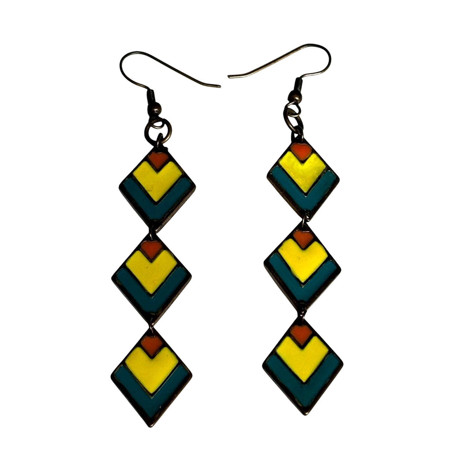 Vintage 70’s pierced earrings mod drop & dangle tassel colorful enamel finish