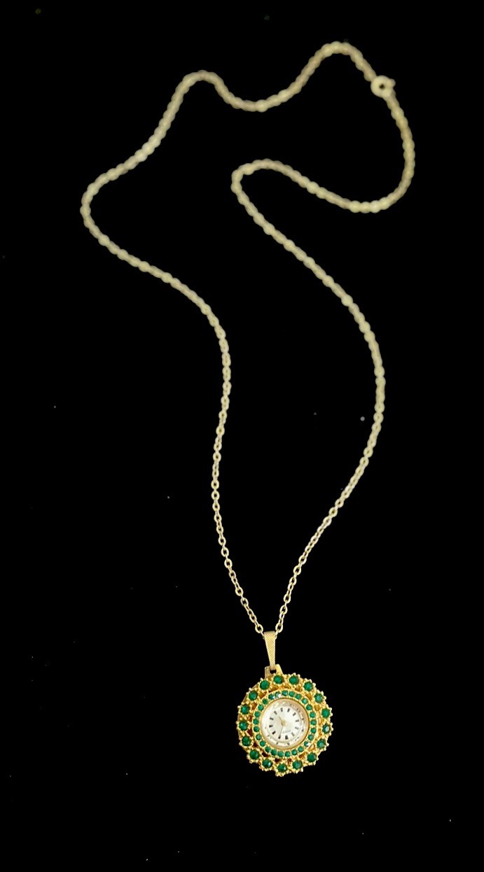 Vintage Honey Hand Wind Green Crystal Gold Tone Pendant Watch Chain Necklace