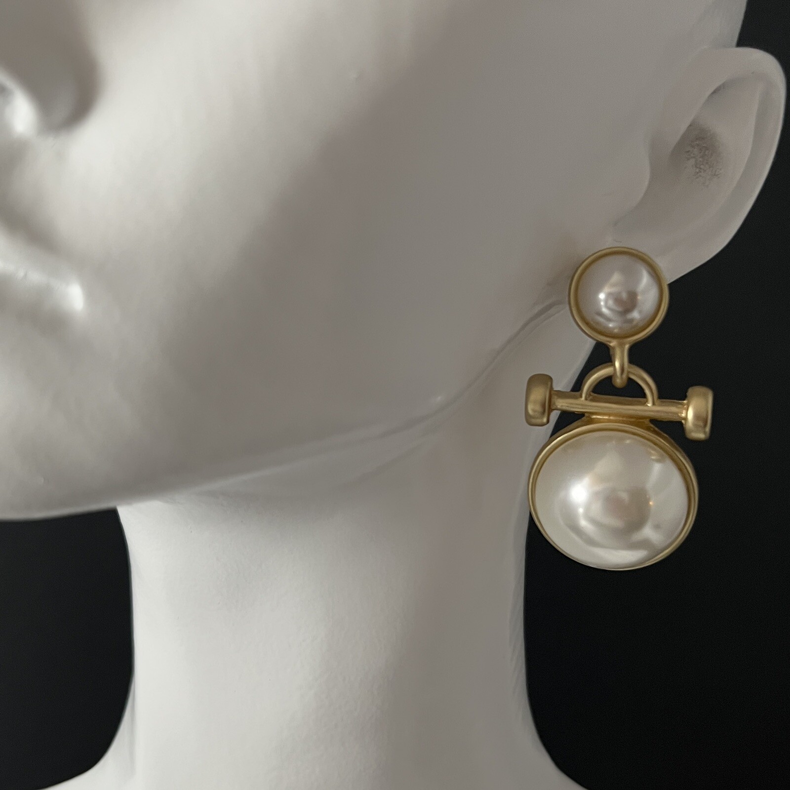 Byzantine Faux Pearl Cabochon Earrings Green Gold Tone Pierced Etruscan Revival