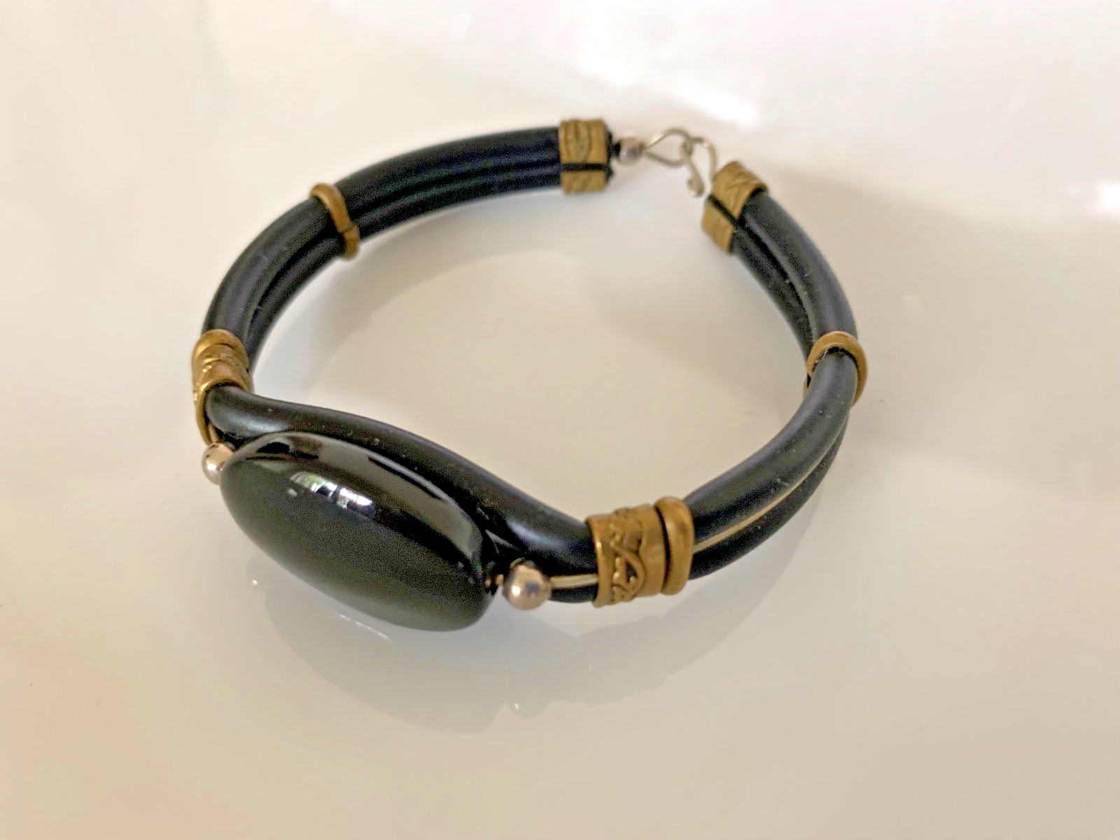 Vintage Black Onyx Style Bracelet Brass Spacers Boho Artisan Hook Clasp