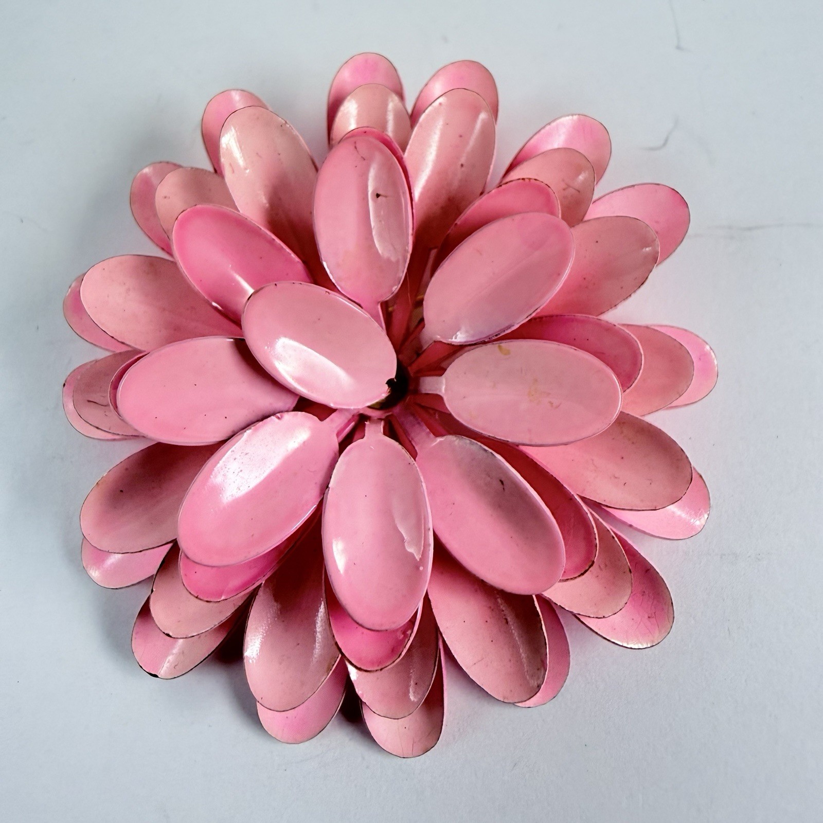 Vintage Pretty Pink Enameled Layered Metal Flower Brooch