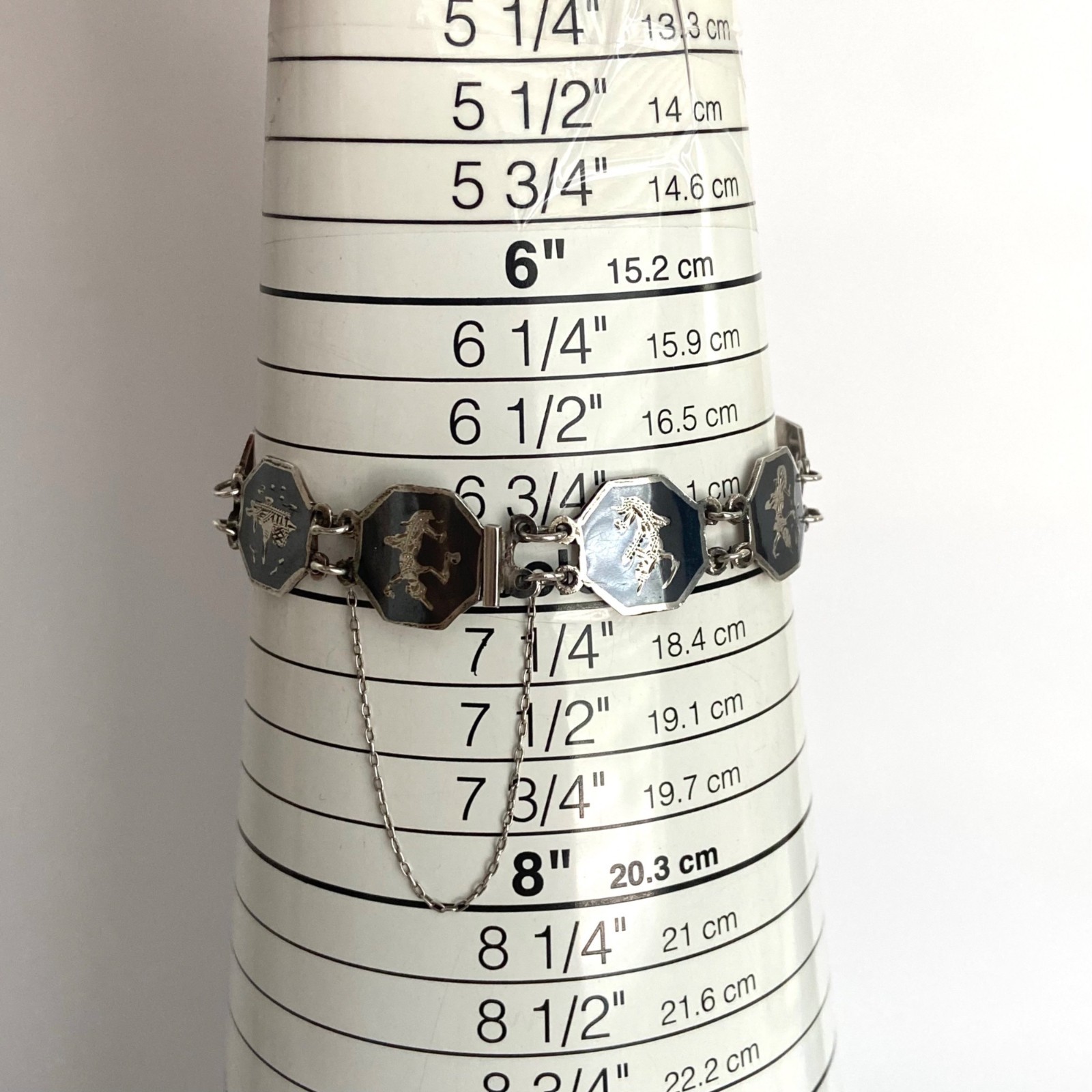 VTG Siam Sterling Silver 925 Niello Black Enamel Panel Bracelet 6.75″