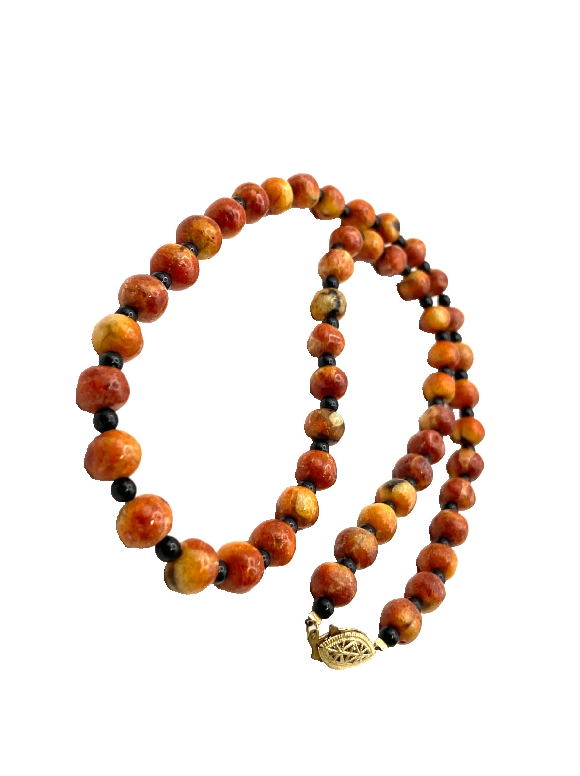 Vintage Apple Sponge Coral Red/Orange Beaded Necklace Black Agate? Gold Tone 24″