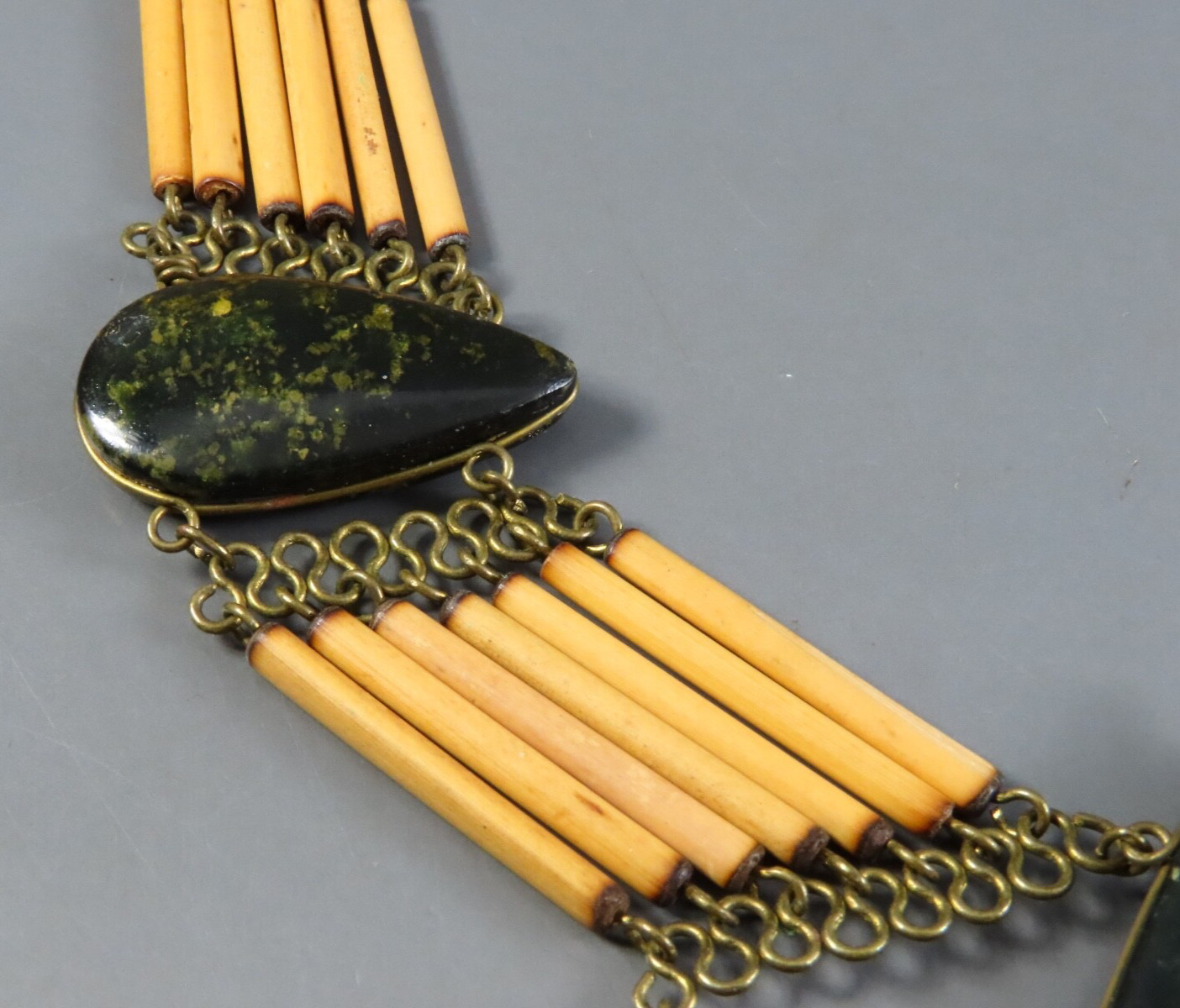 VTG Exotic Bib Necklace LARGE GREEN HARDSTONE Bamboo Pipe Beads EGYPTIAN REVIVAL