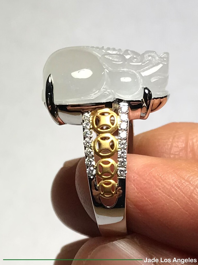 Pi Xiu Pixiu Icy Jadeite Jade 18K White/Rose Gold Diamond Ring 45ct Size:7.5