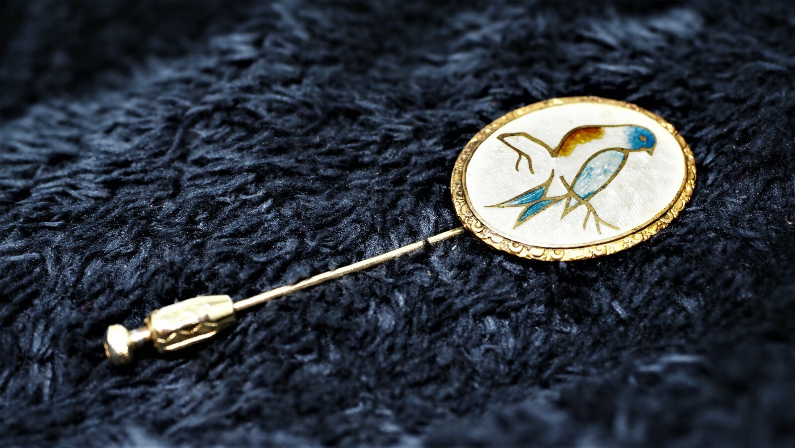 Victorian -(1/20)12 KT Gold Filled -Stick Pin- Enamel Bird -with “Hold On” Clasp