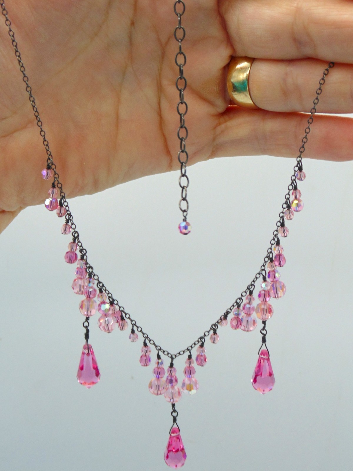 Vintage .925 STERLING SILVER and PINK CRYSTAL Festoon Necklace Adj. 15″-19″ Exc.