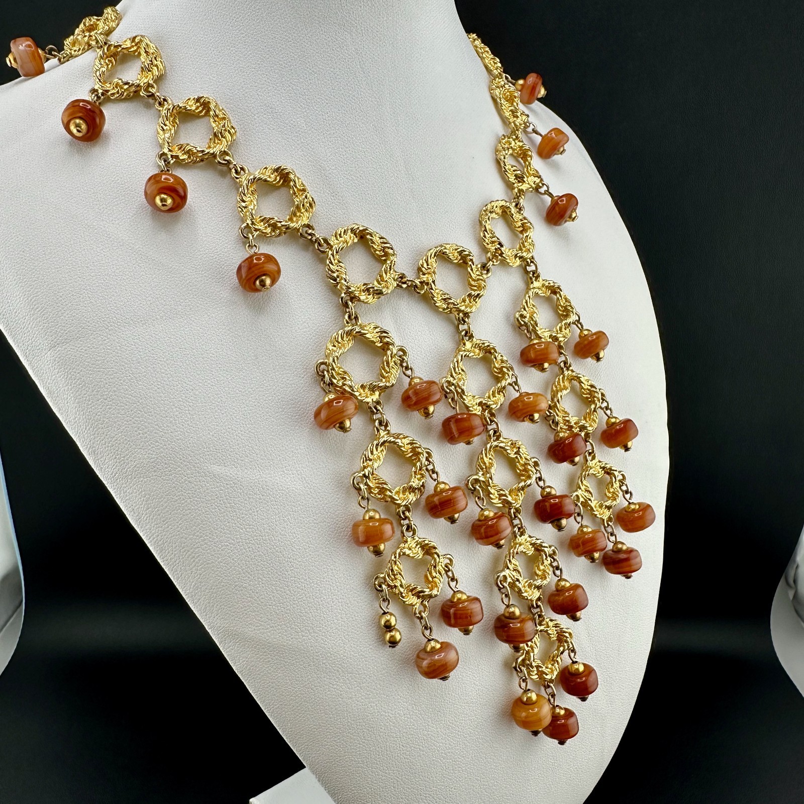 Vintage Statement Necklace Bib Fringe Hammered Gold Tone Link Agate Bead Dangles