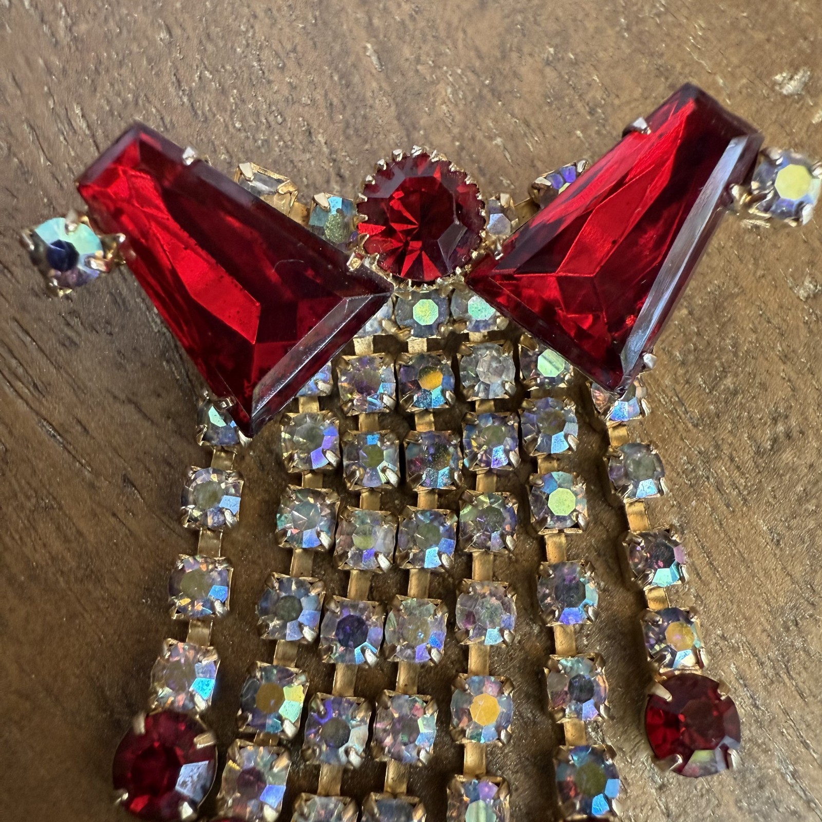 Vintage Brooch Ruby Red with AB Rhinestones Dangles